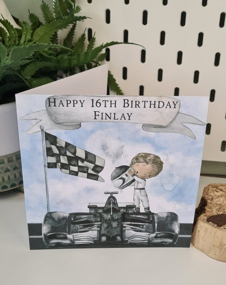 Personalised Racing Car Greetings Card - Race Girl Boy