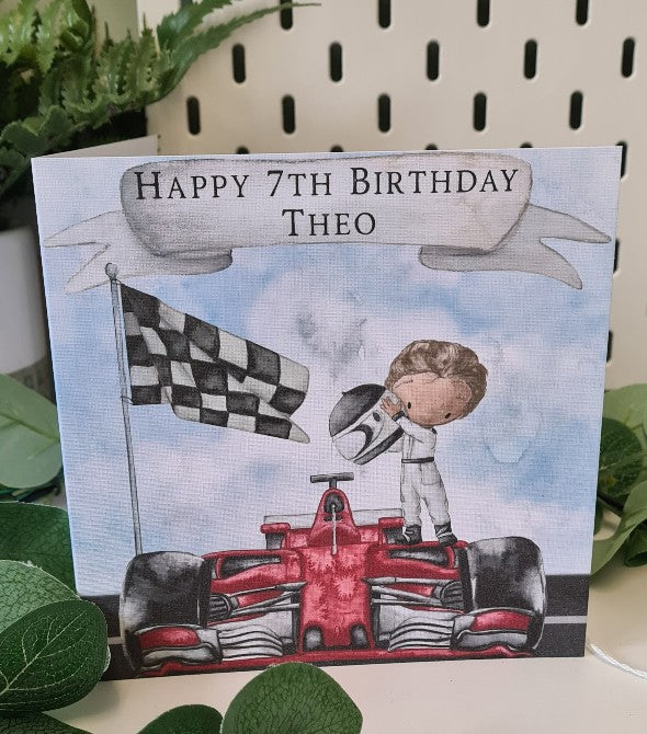 Personalised Racing Car Greetings Card - Race Girl Boy