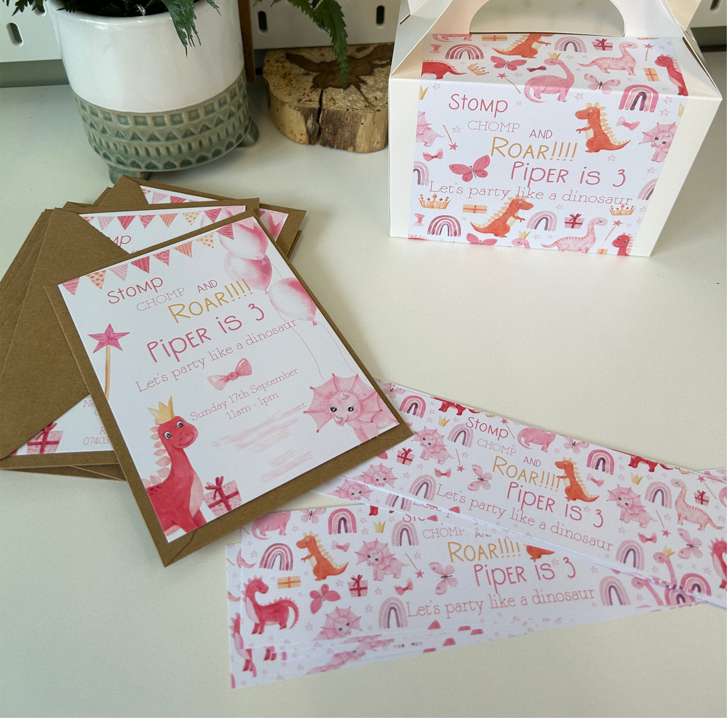 Personalised Pink Girls Dinosaur Party Invitation & Envelopes - Birthday - Limited Edition