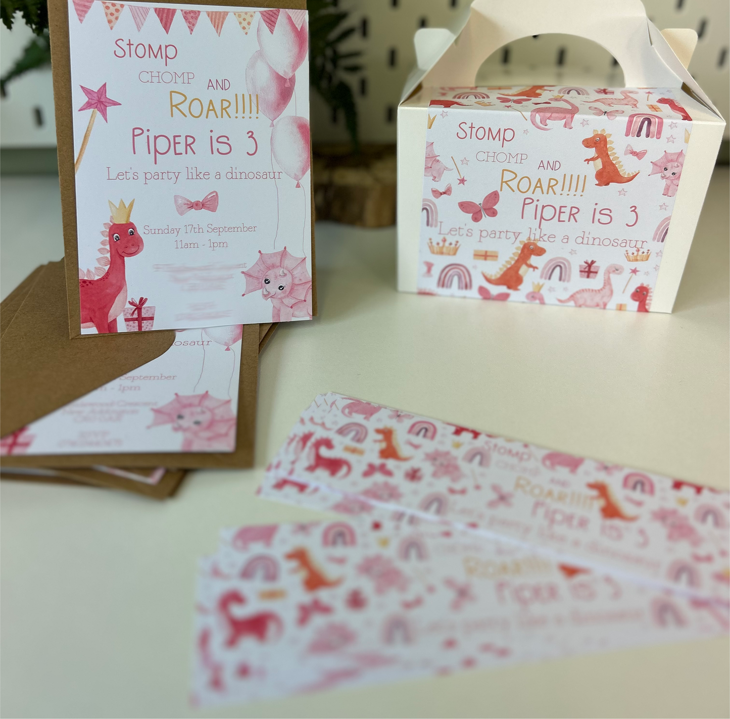 Personalised Pink Girls Dinosaur Party Invitation & Envelopes - Birthday - Limited Edition