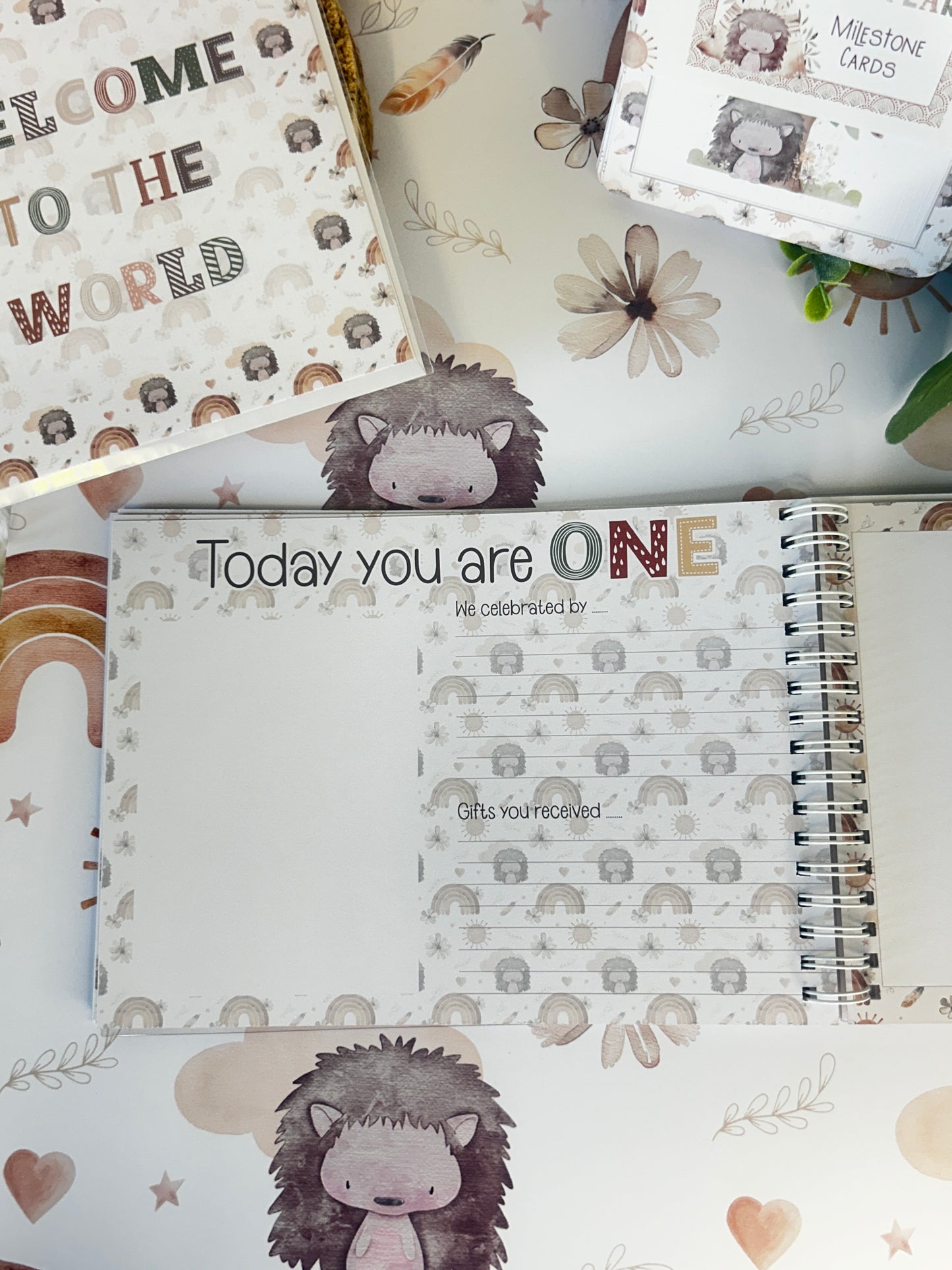 Boho Baby journal, My first year baby book, Hedgehog, memory book, Baby milestone book