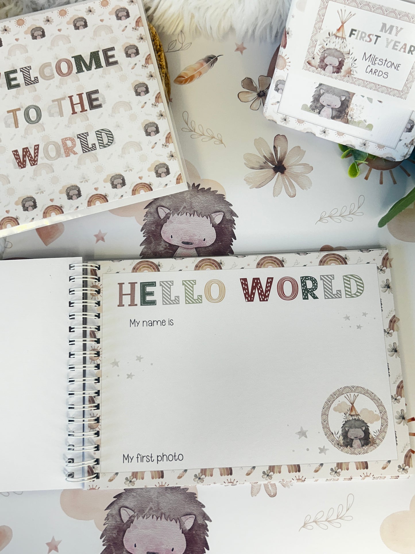 Boho Baby journal, My first year baby book, Hedgehog, memory book, Baby milestone book