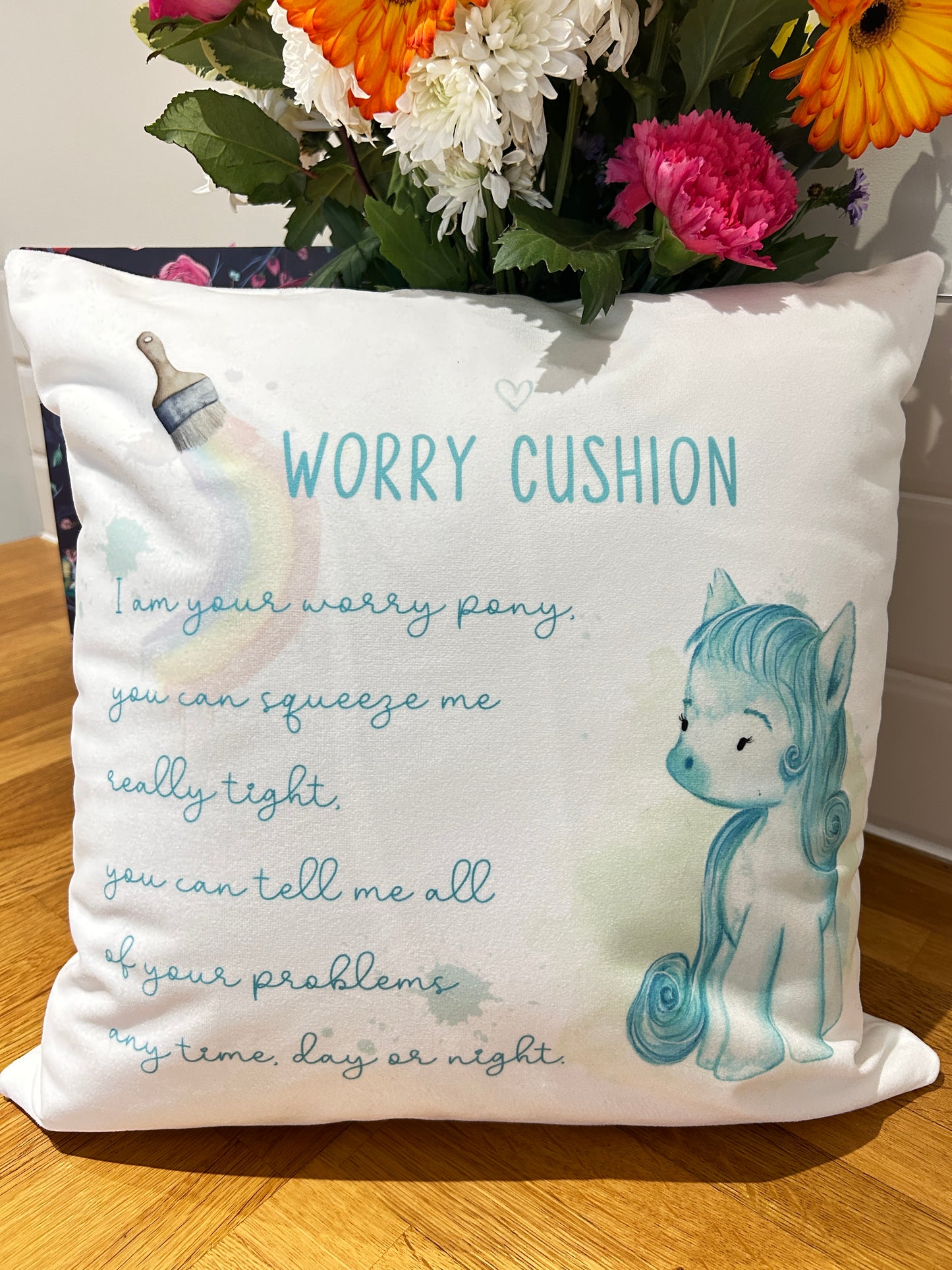 Personalised Blue Pony Rainbow Paintbrush Worry Cushion Gift