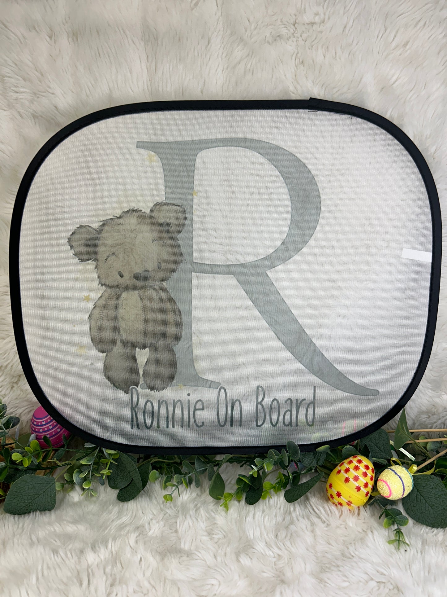 Teddy Bear Alphabet Initial Car Sun Shade - Personalised - Baby On Board Sign - Window Cover