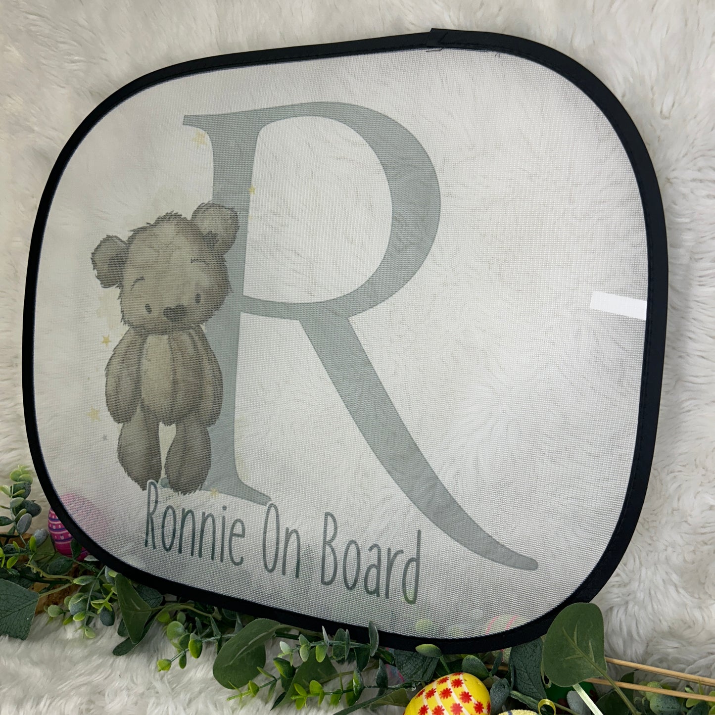 Teddy Bear Alphabet Initial Car Sun Shade - Personalised - Baby On Board Sign - Window Cover