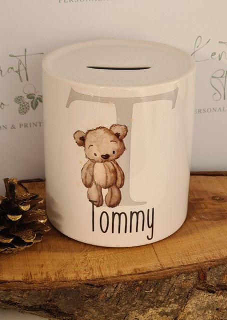 Personalised Brown Bear Alphabet Money Pot - Piggy Bank Ceramic