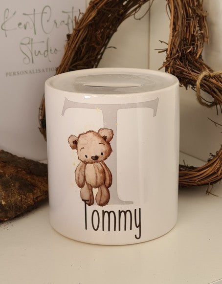 Personalised Brown Bear Alphabet Money Pot - Piggy Bank Ceramic