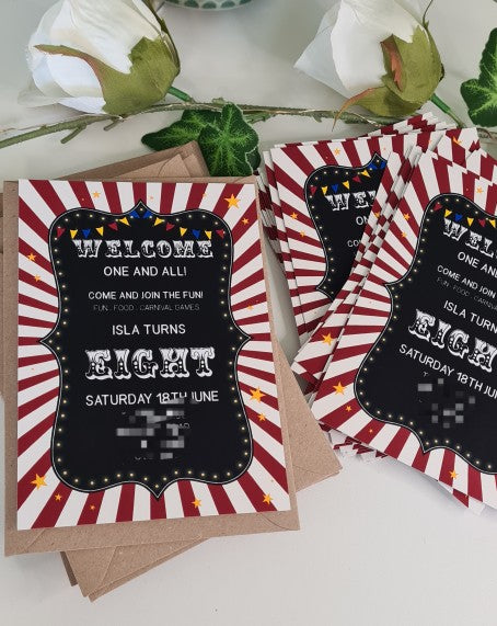 Personalised Circus Show Party Invitation & Envelopes