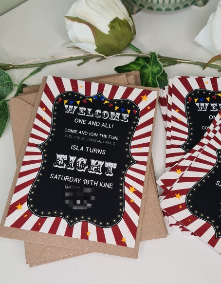 Personalised Circus Show Party Invitation & Envelopes