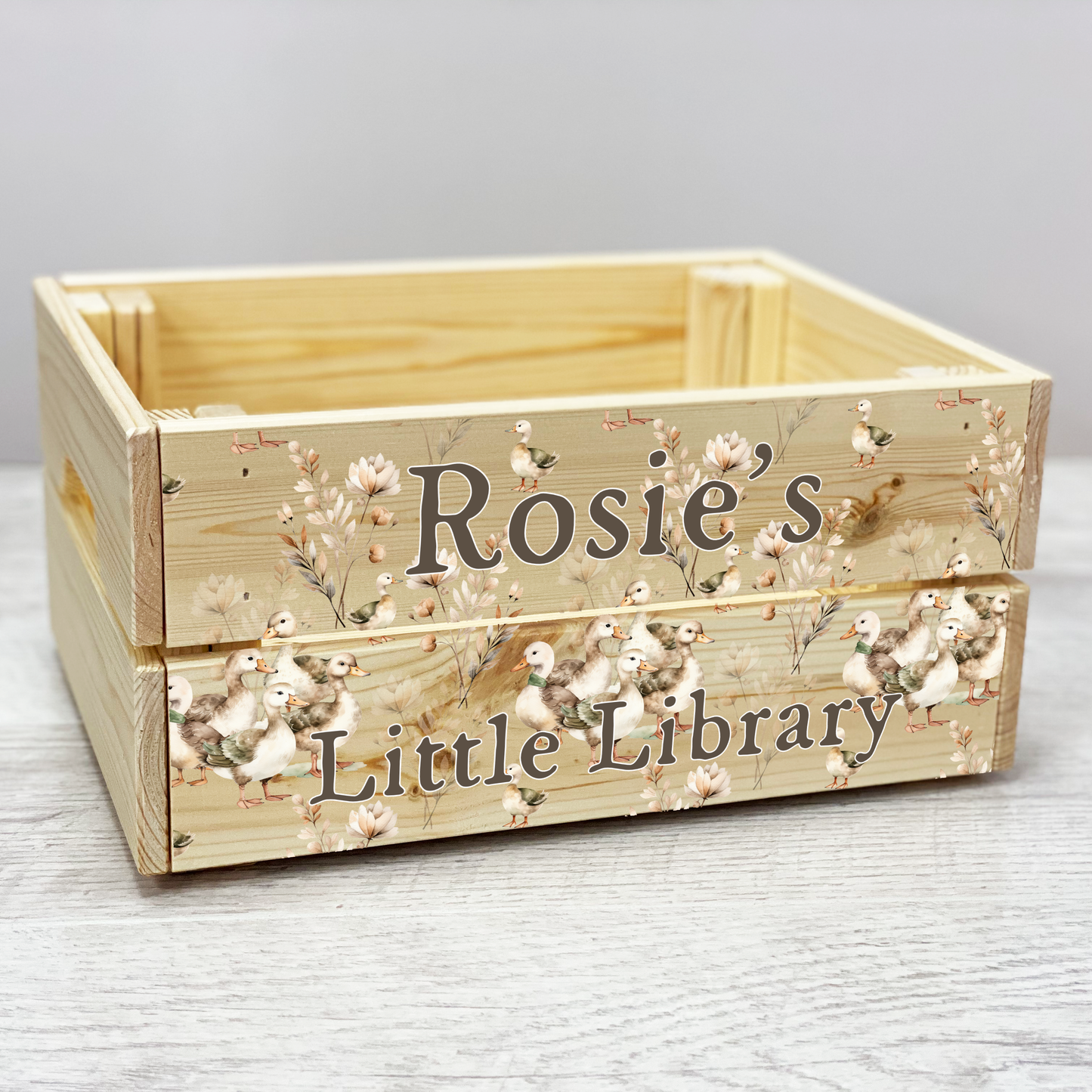 Personalised duck wooden crate, Wooden book library, Vintage nursery toy Crate, Book storage box