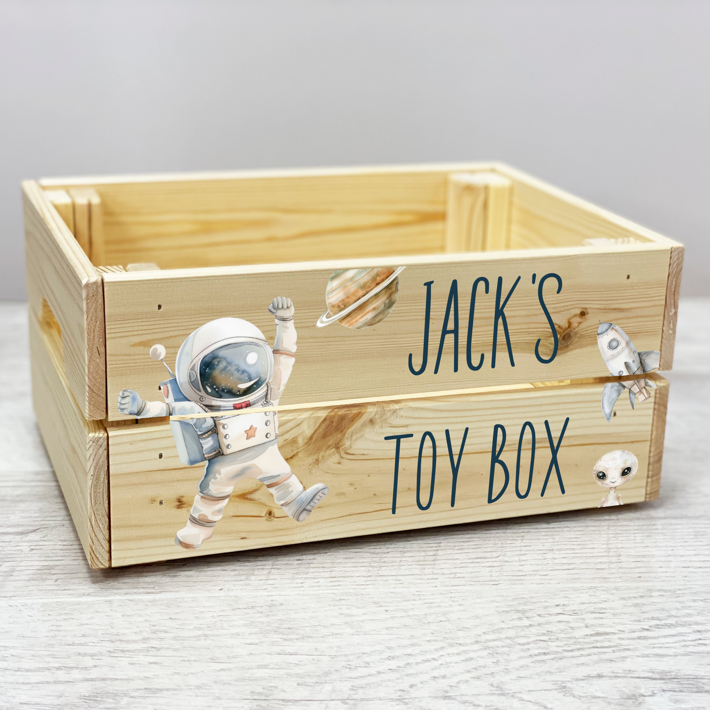 Personalised astronaut wooden crate, Space theme wooden book library, Personalised toy box