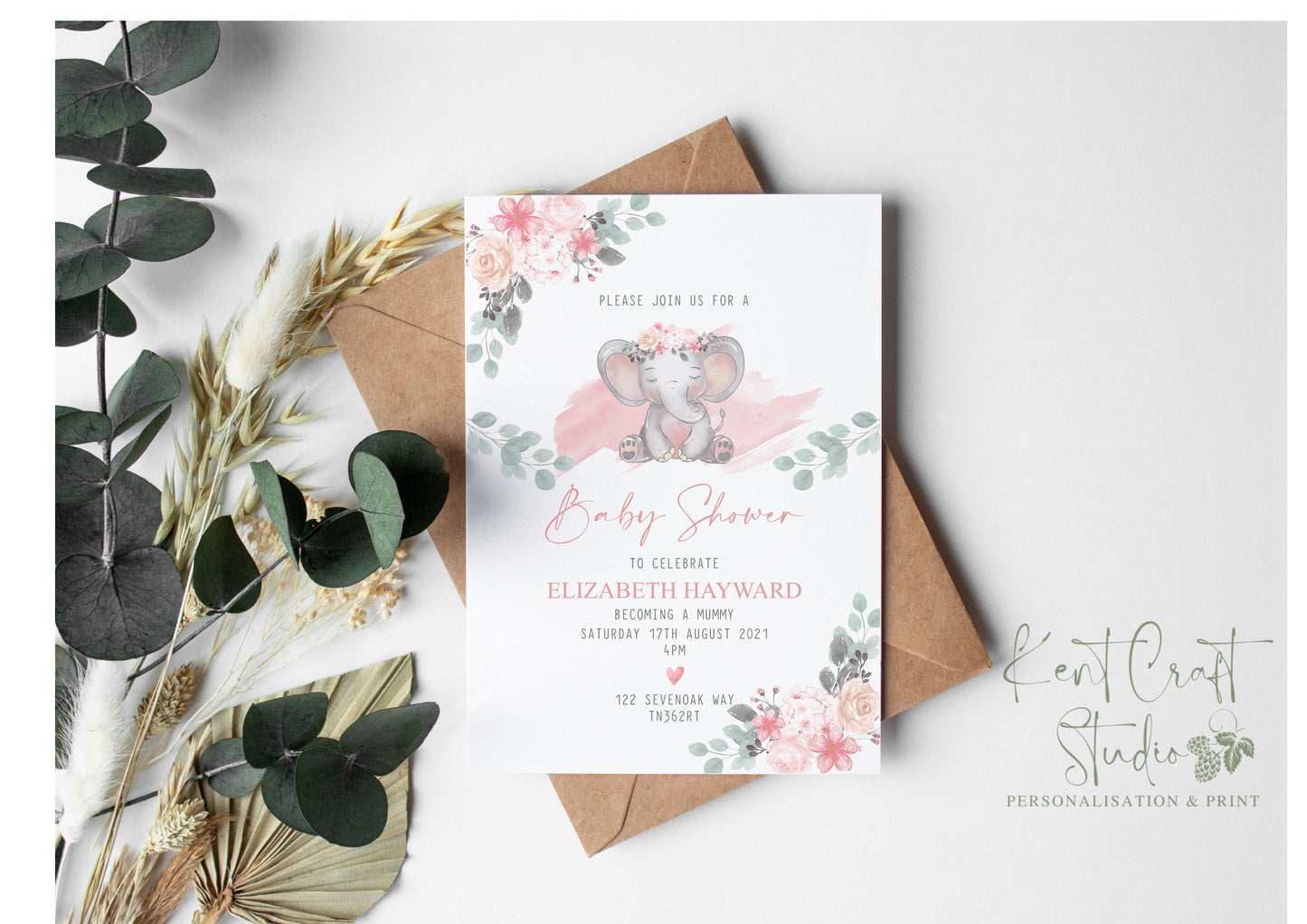 Personalised Pink Elephant Baby Shower Party Invitation & Envelopes