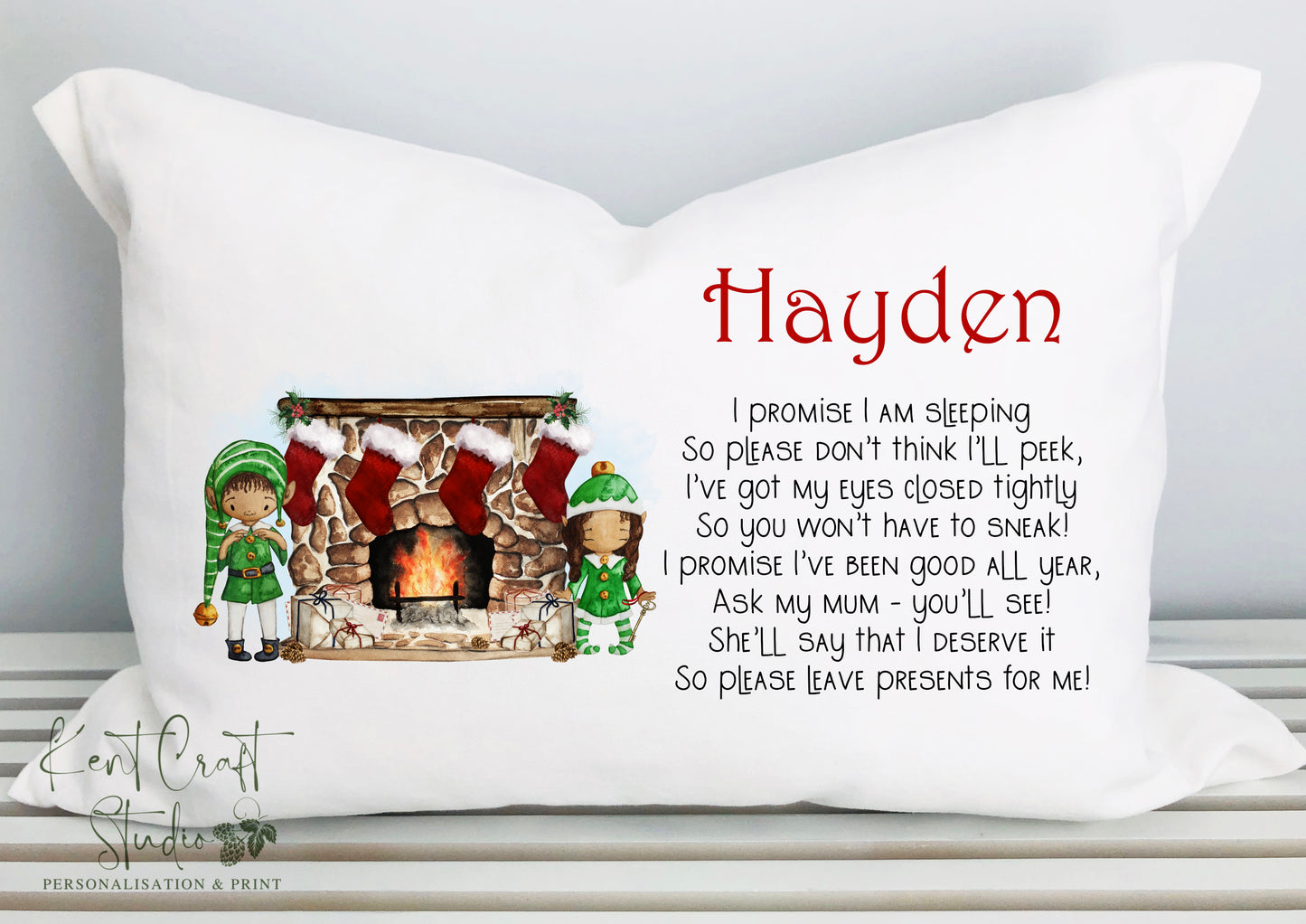 Personalised Elf Fireplace Stocking Pillow Case - Christmas Eve