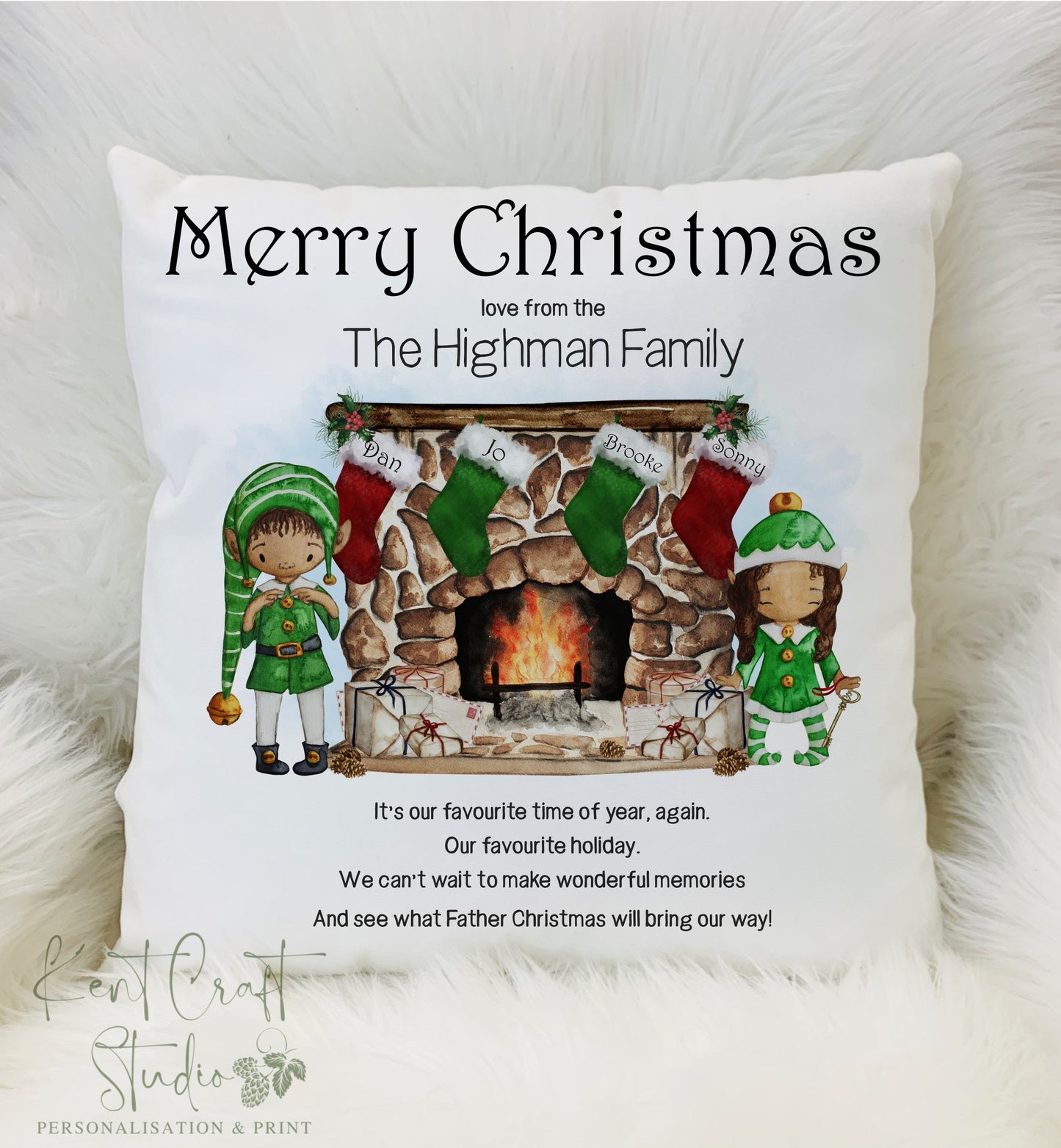 Personalised Christmas Family Cushion Gift - Elf Fireplace