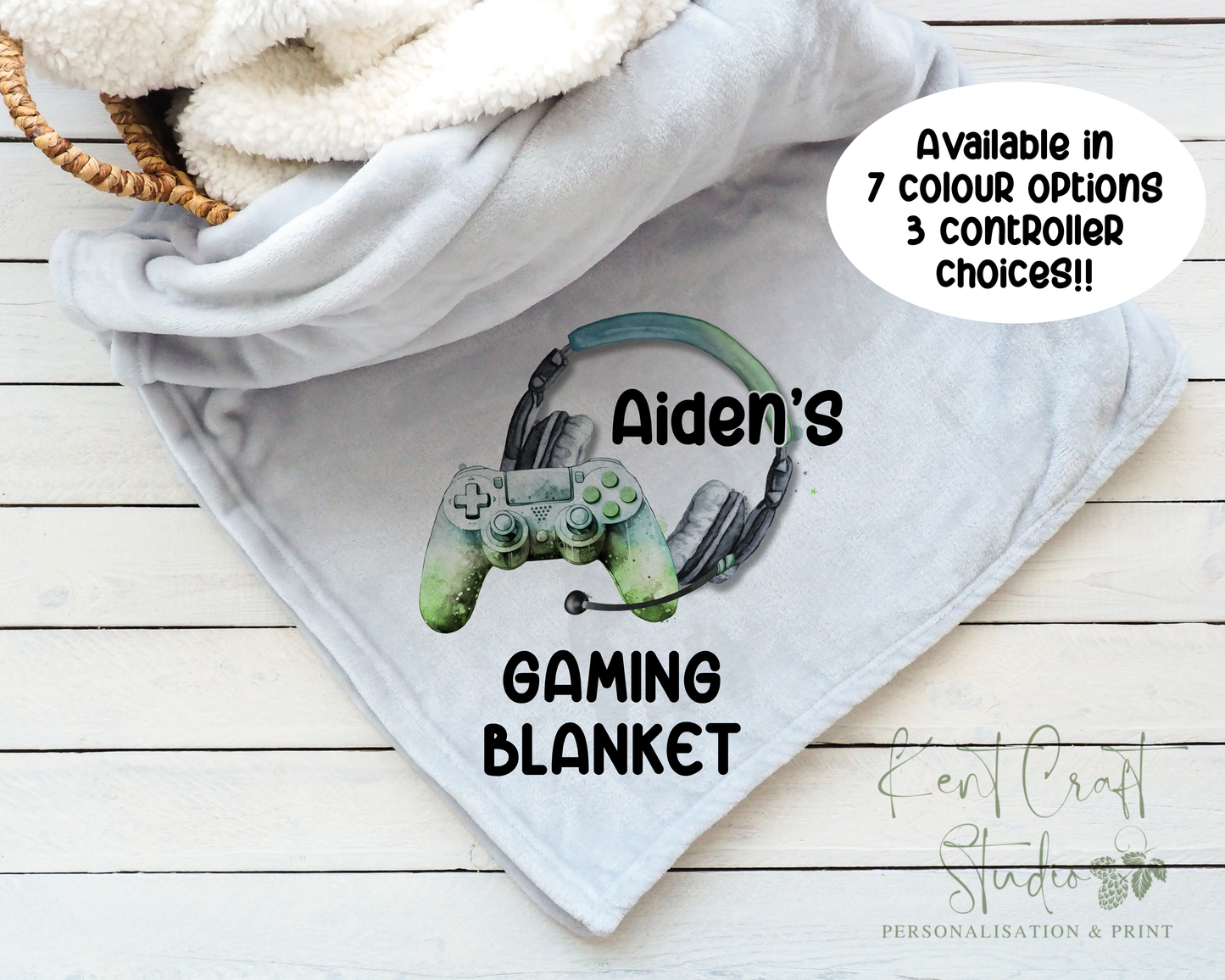Personalised grey gaming blanket, Teenager gift idea, Gaming bedroom accessories