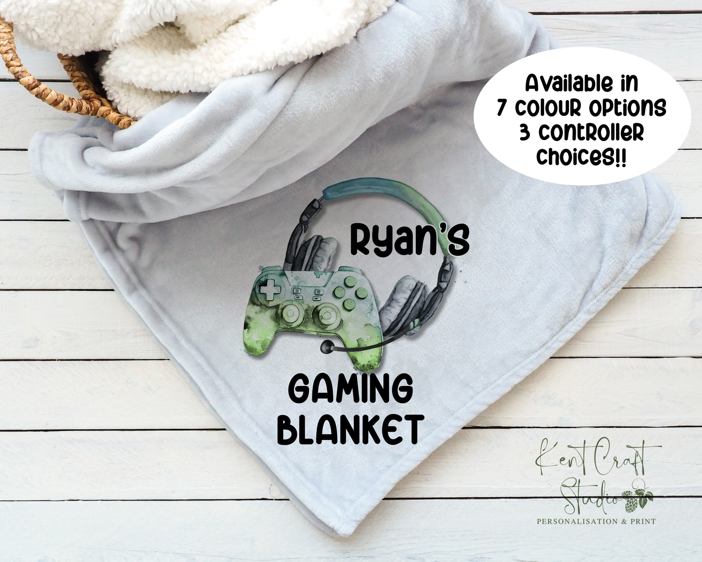 Personalised grey gaming blanket, Teenager gift idea, Gaming bedroom accessories