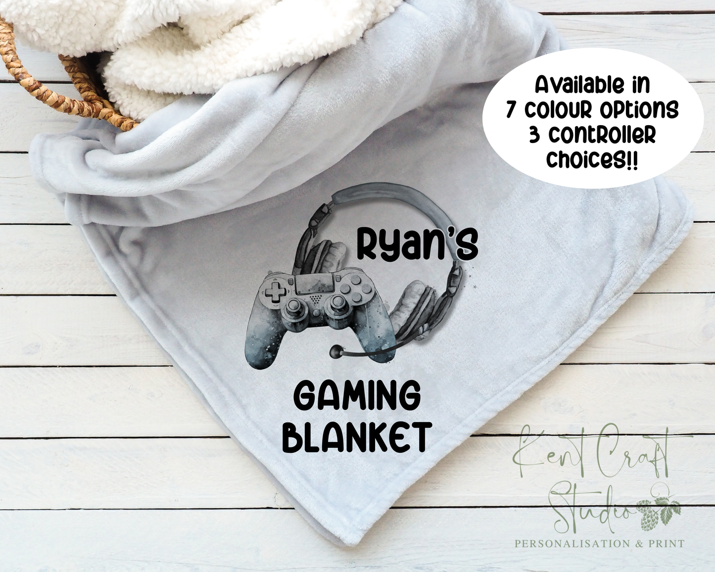 Personalised grey gaming blanket, Teenager gift idea, Gaming bedroom accessories