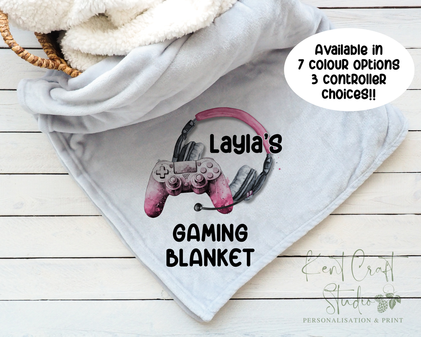 Personalised grey gaming blanket, Teenager gift idea, Gaming bedroom accessories