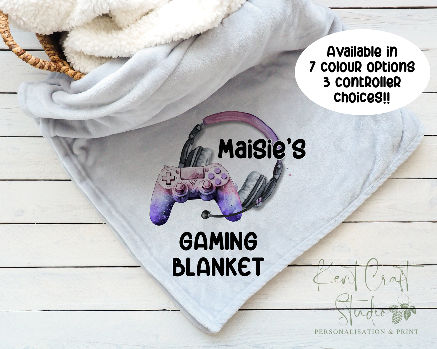 Personalised grey gaming blanket, Teenager gift idea, Gaming bedroom accessories