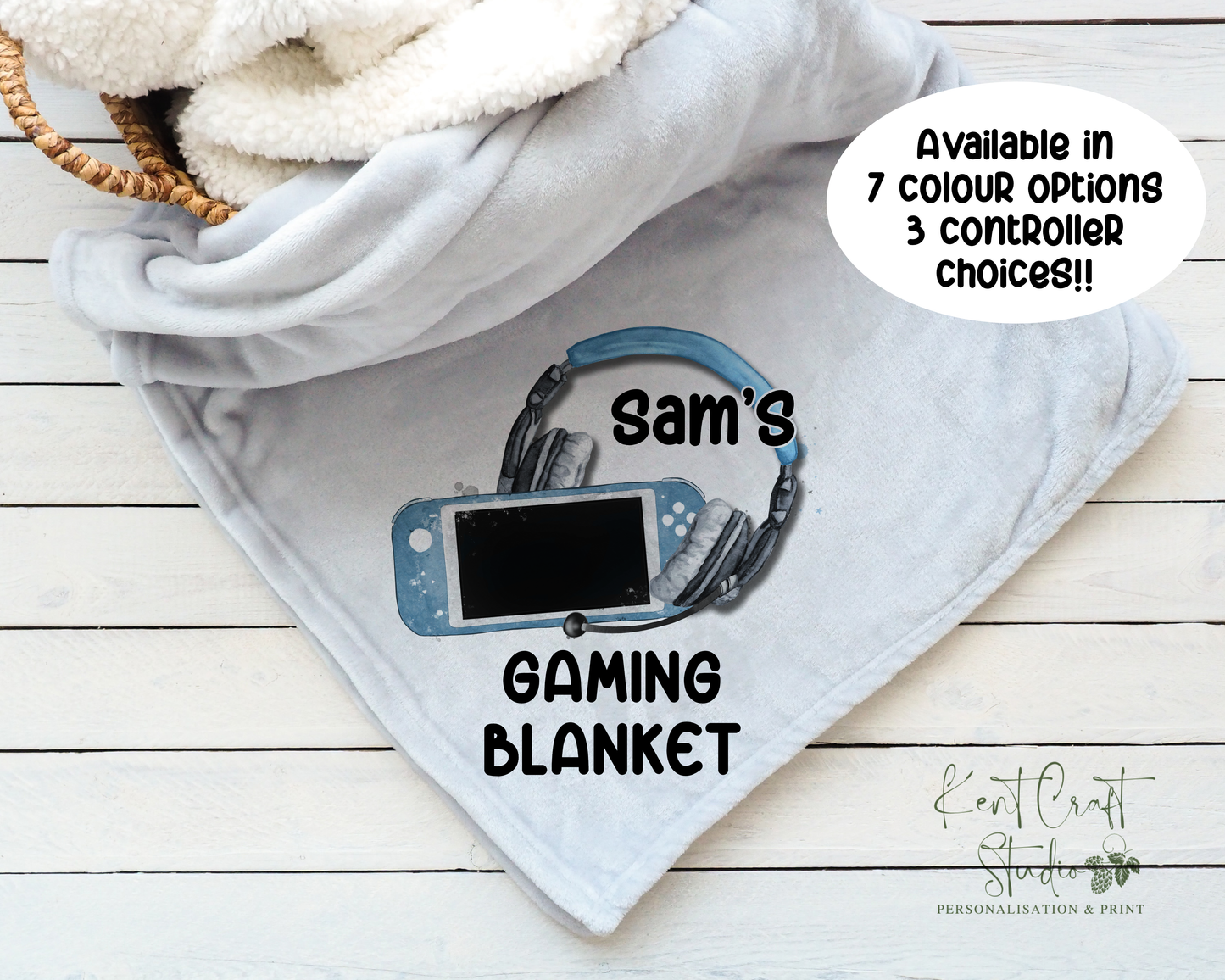 Personalised grey gaming blanket, Teenager gift idea, Gaming bedroom accessories