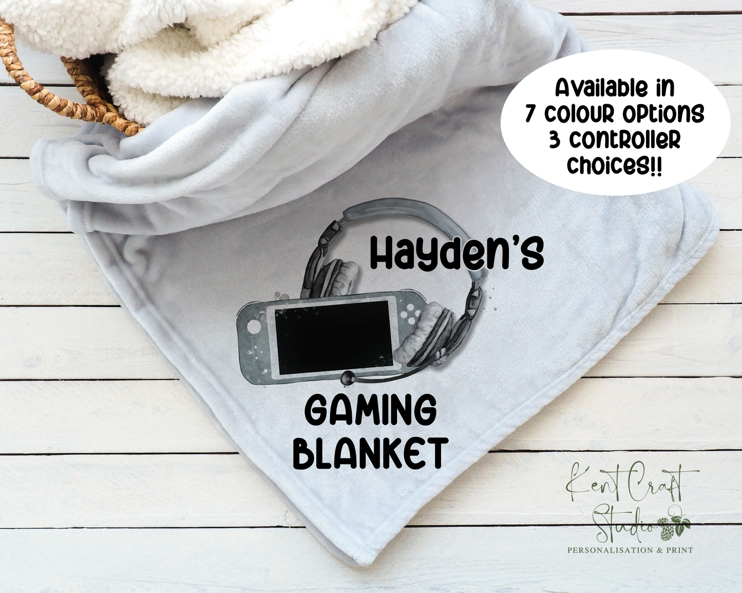 Personalised grey gaming blanket, Teenager gift idea, Gaming bedroom accessories