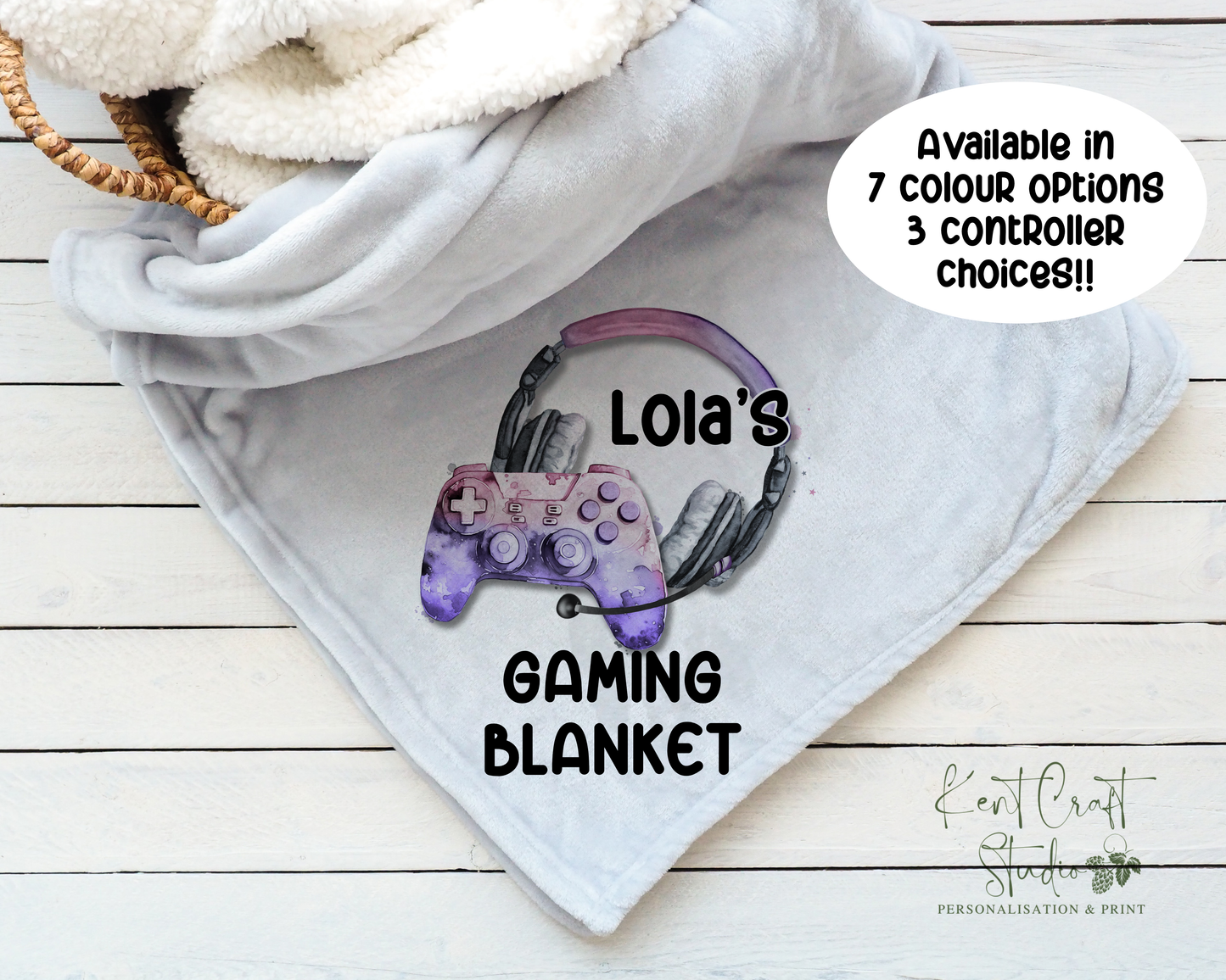 Personalised grey gaming blanket, Teenager gift idea, Gaming bedroom accessories