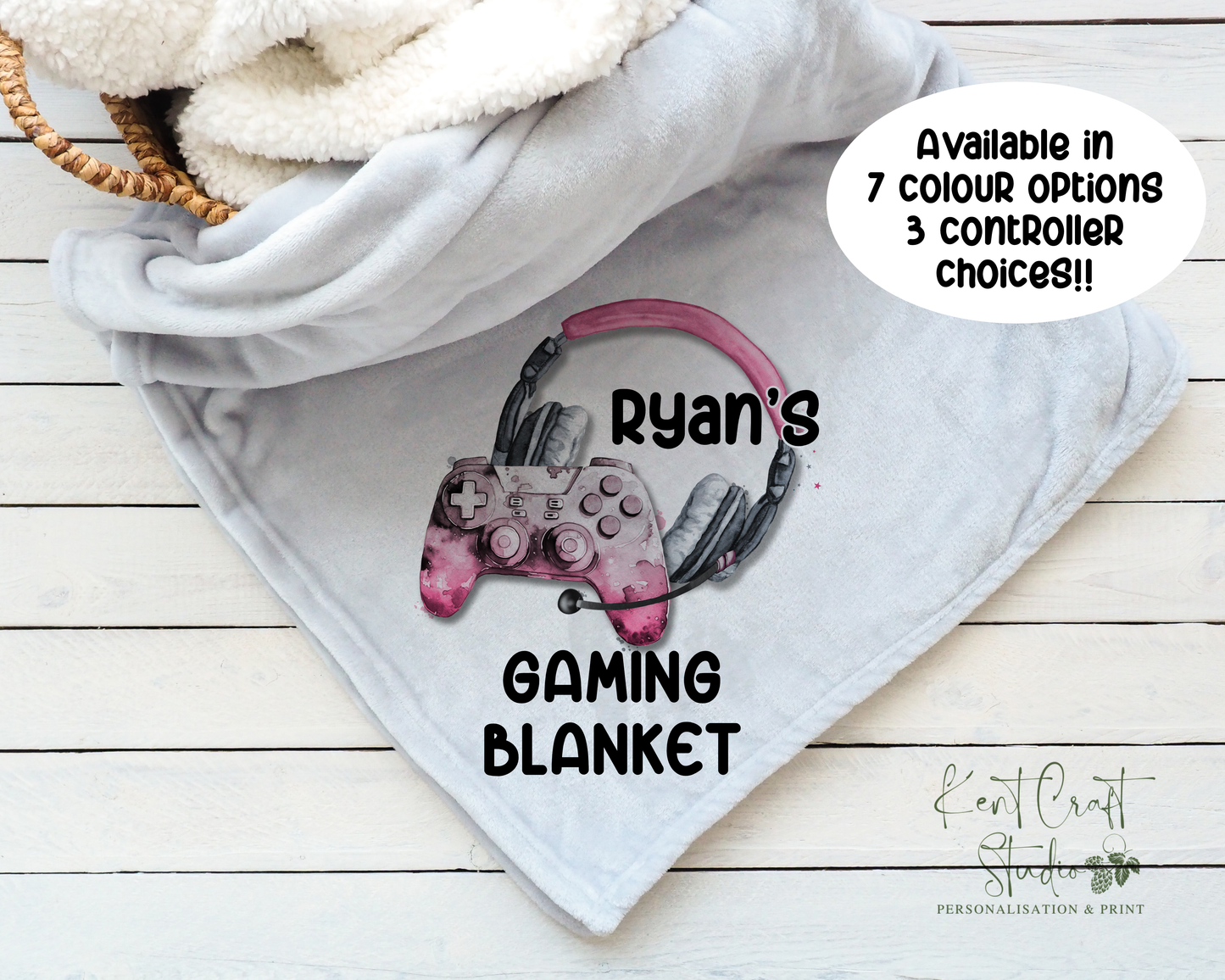 Personalised grey gaming blanket, Teenager gift idea, Gaming bedroom accessories