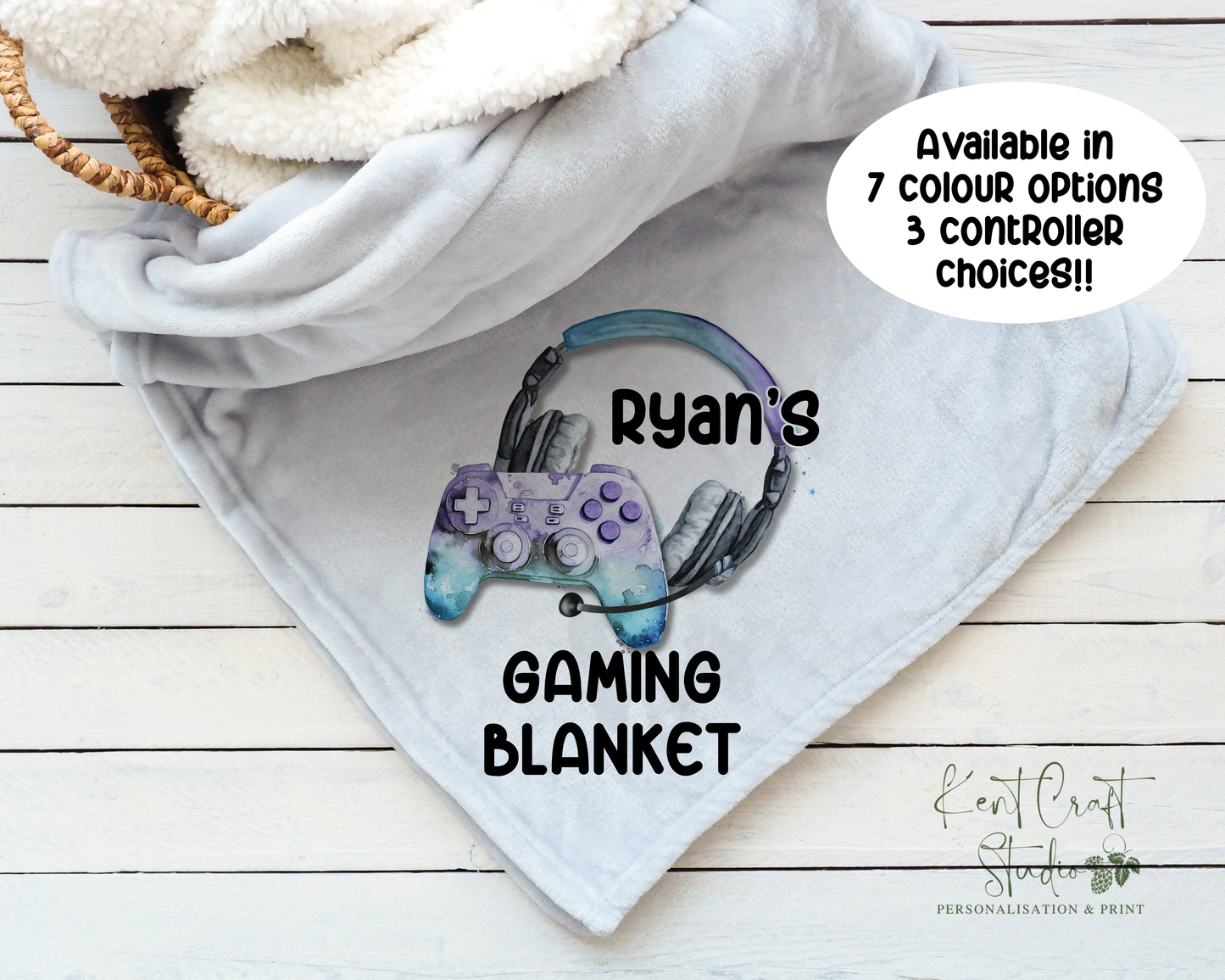 Personalised grey gaming blanket, Teenager gift idea, Gaming bedroom accessories