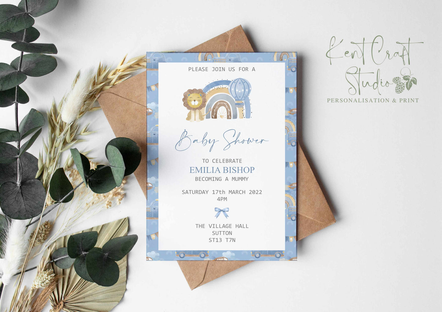 Personalised Lion Hot Air Balloon Blue Baby Shower Party Invitation & Envelopes