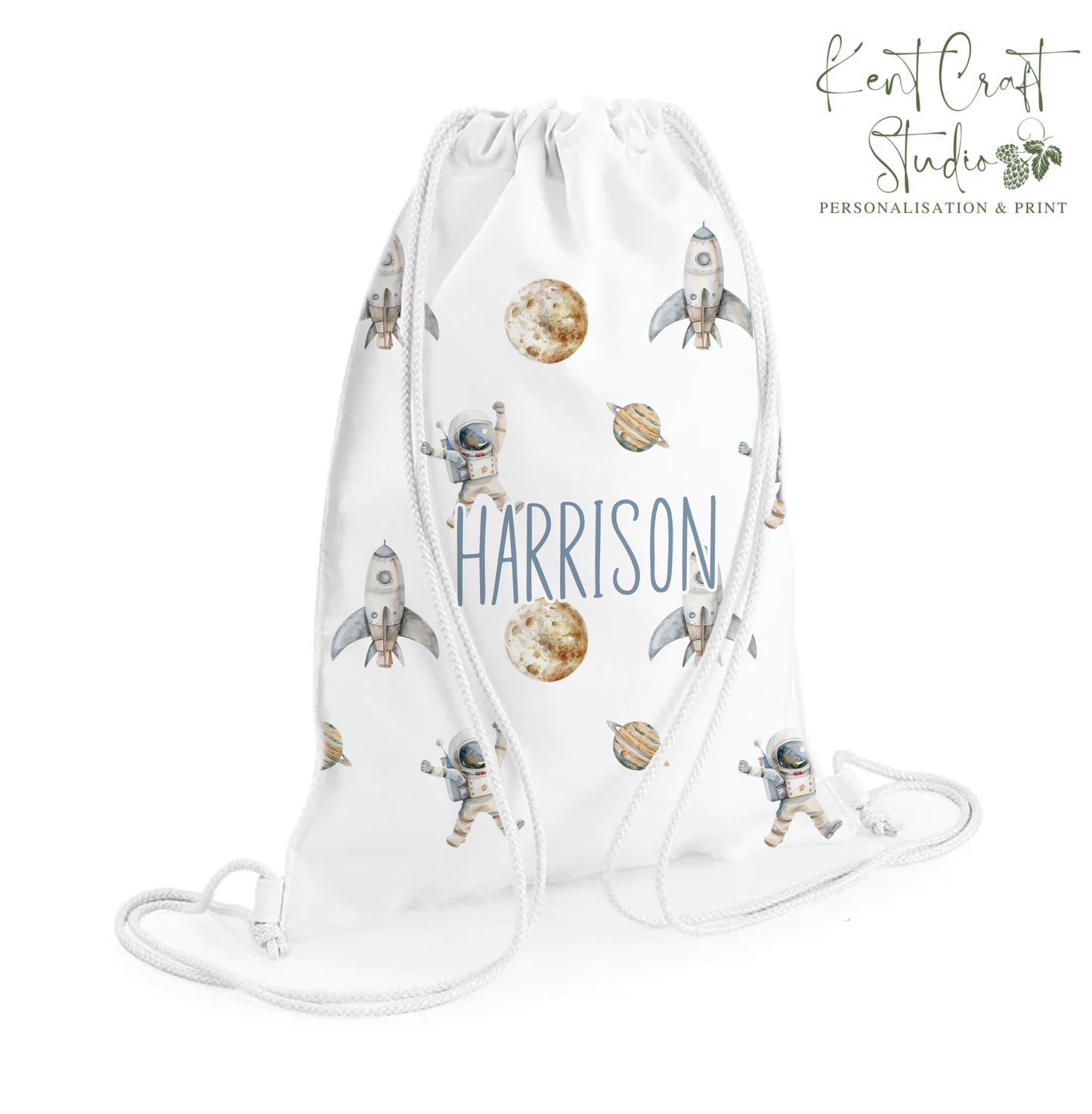 Personalised Astronaut Drawstring Gym PE Swim, Storage Bag, Spaceman Rocket