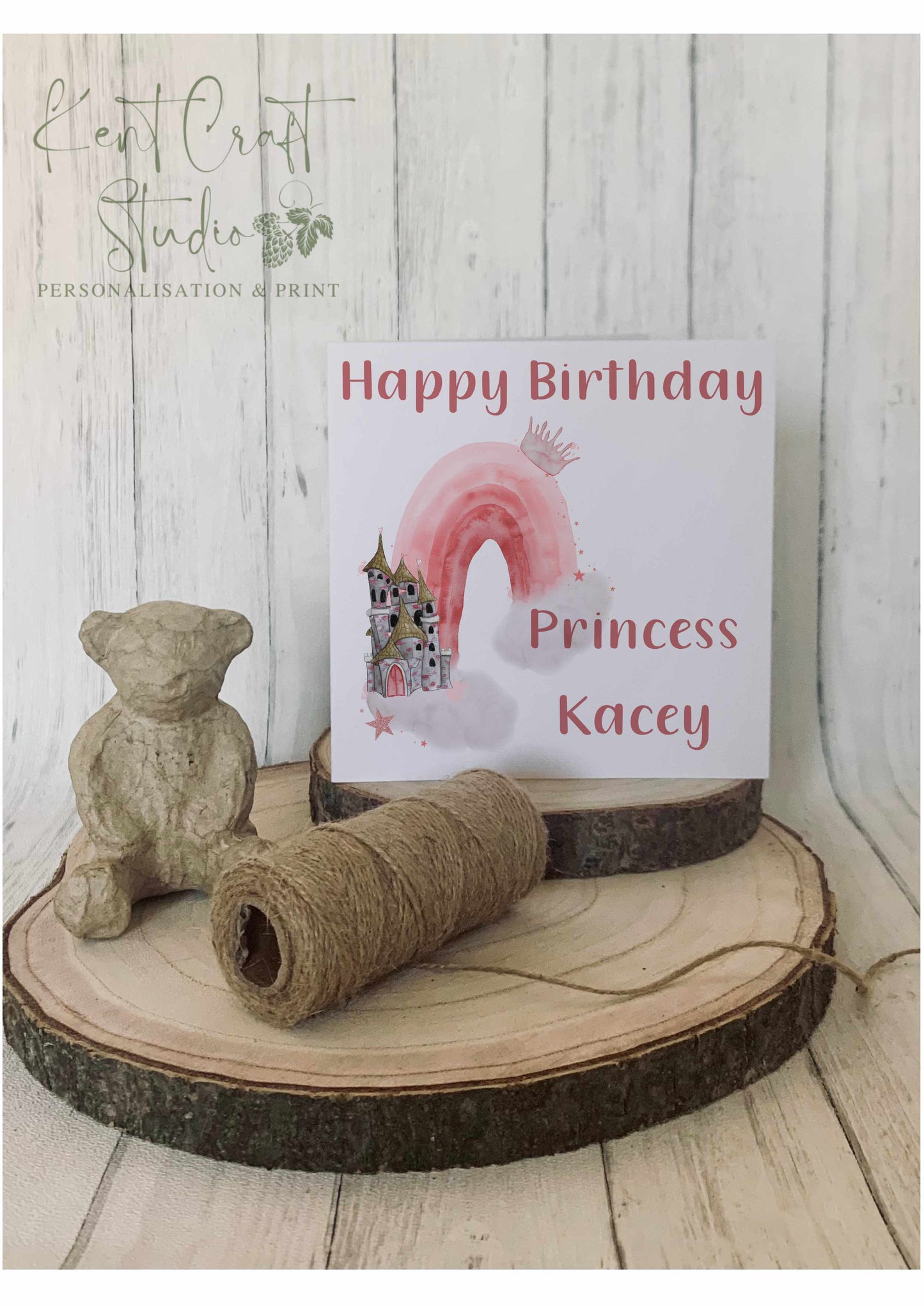 Personalised Princess Castle Rainbow Greetings Card - Pink