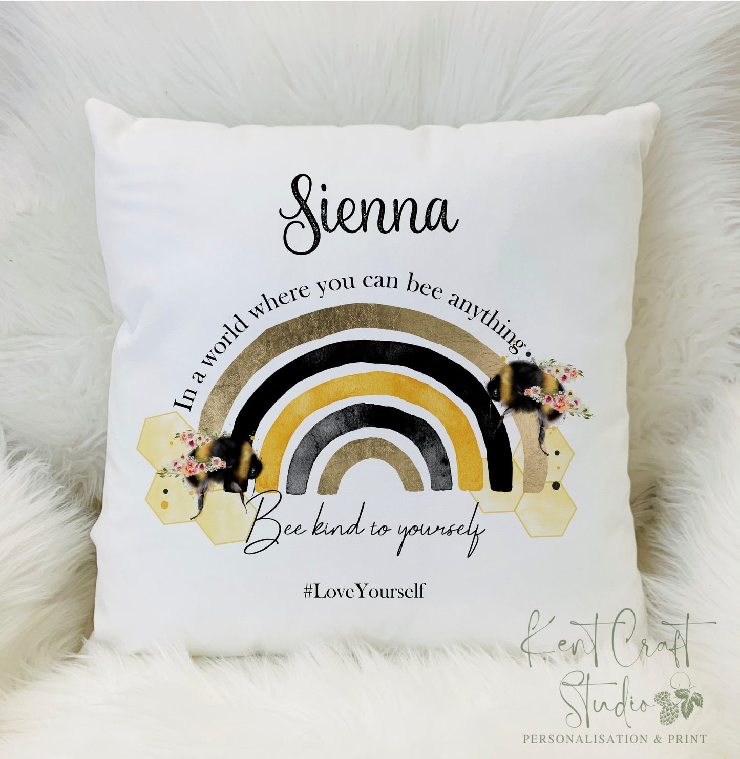 Personalised Bumble Bee Floral Rainbow Cushion