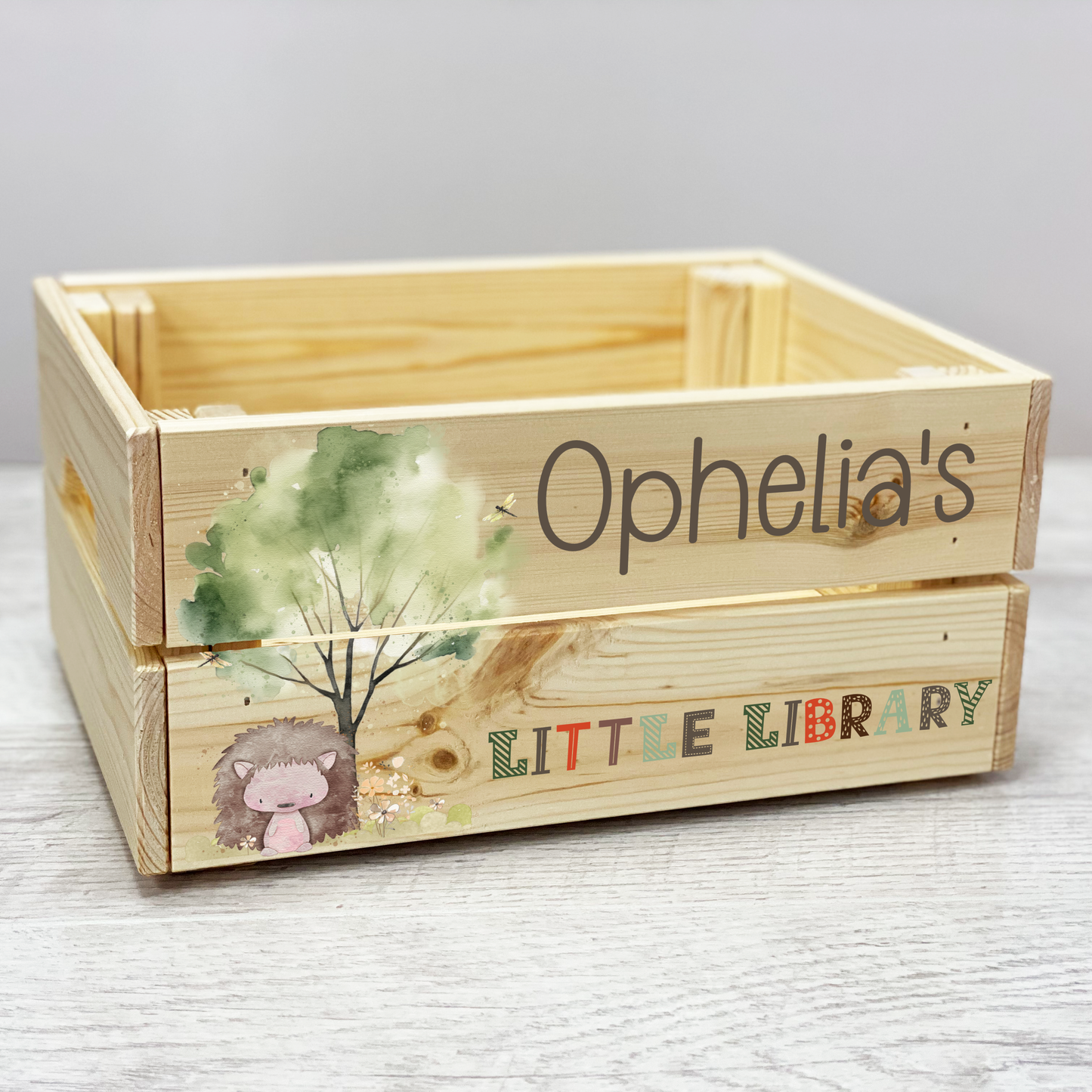 Personalised hedgehog wooden crate, Woodland book library, Personalised toy box