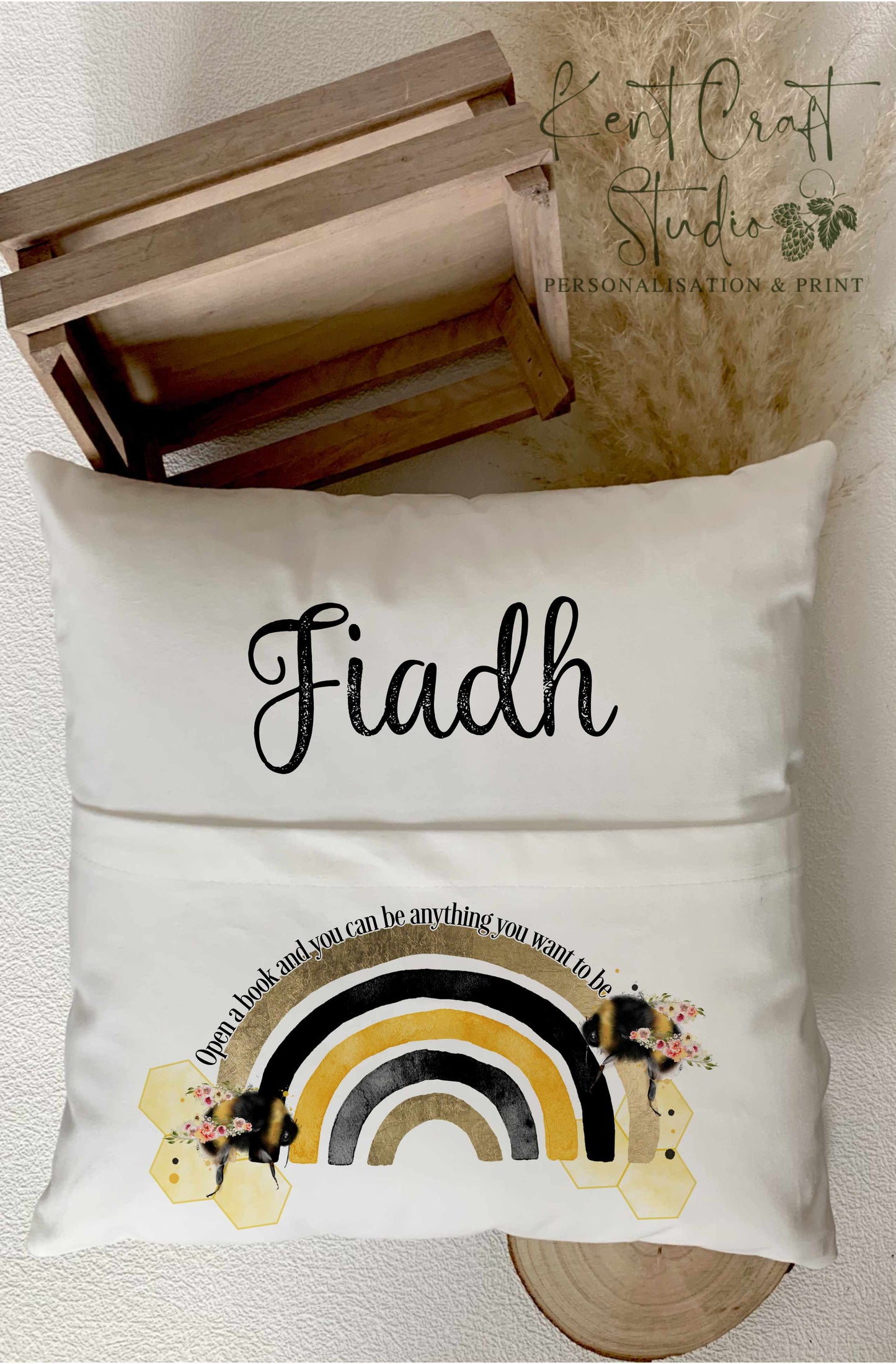 Personalised Bumble Bee Floral Rainbow Cushion
