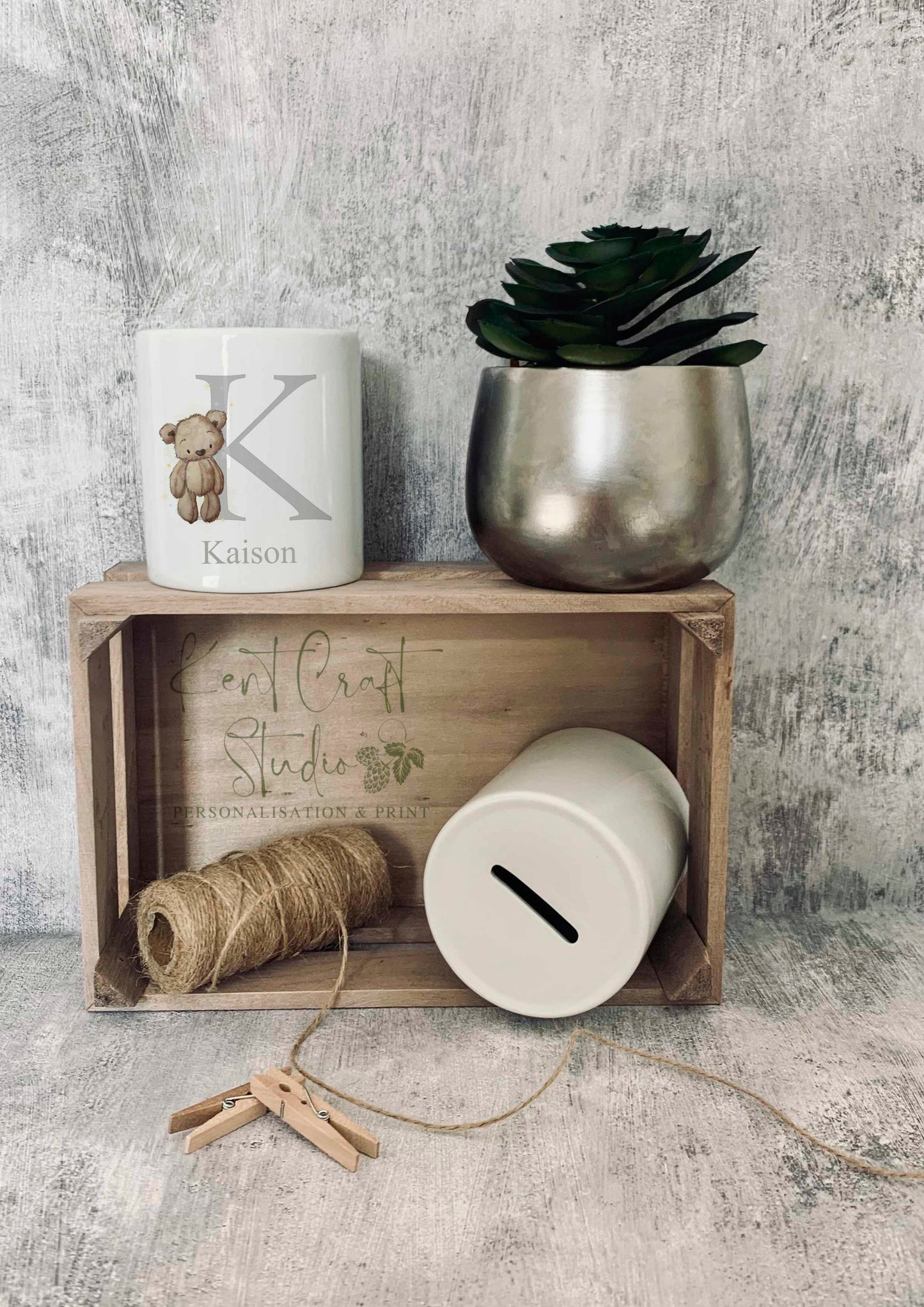 Personalised Brown Bear Alphabet Money Pot - Piggy Bank Ceramic
