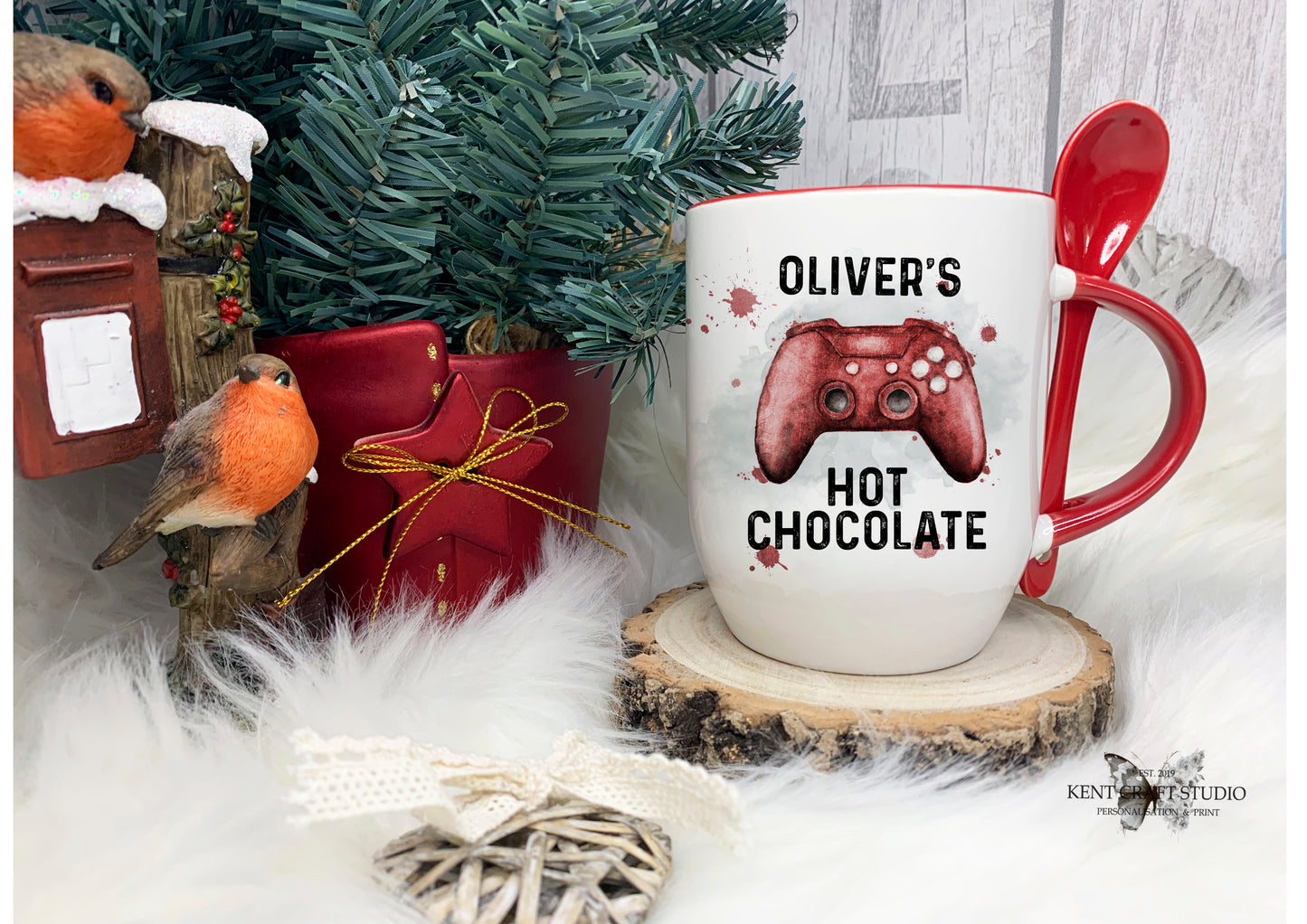 Personalised Christmas Eve Hot Chocolate Red Spoon Mug - Gaming Controller