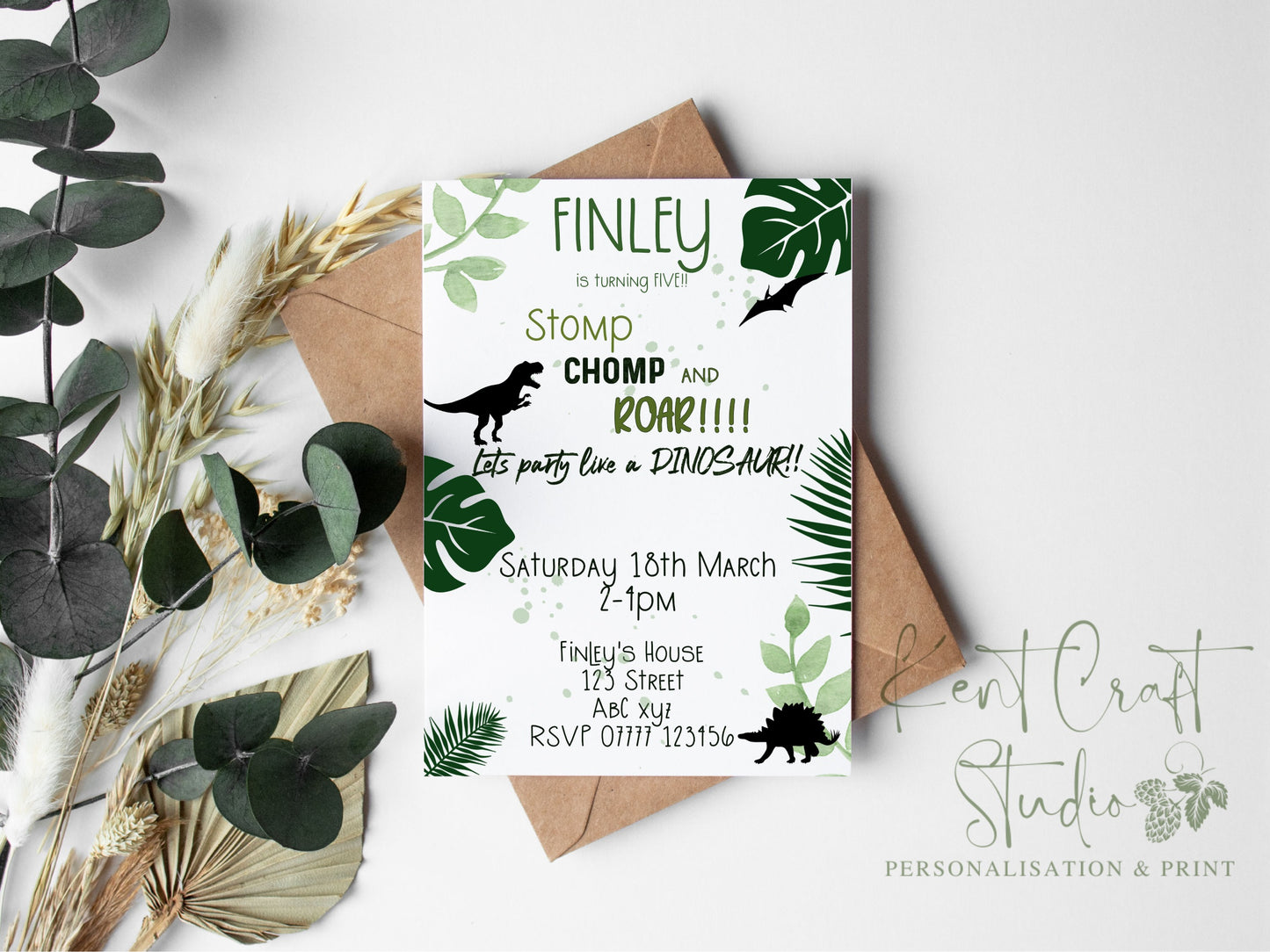 Personalised Dinosaur Party Invitation & Envelopes - T Rex birthday theme