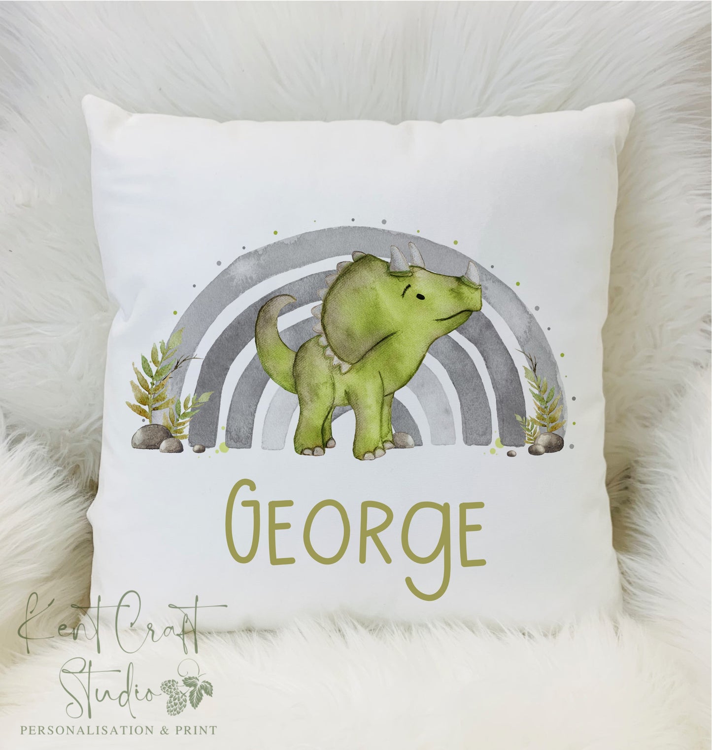 Personalised Dinosaur Rainbow Worry Cushion - Green or Lilac
