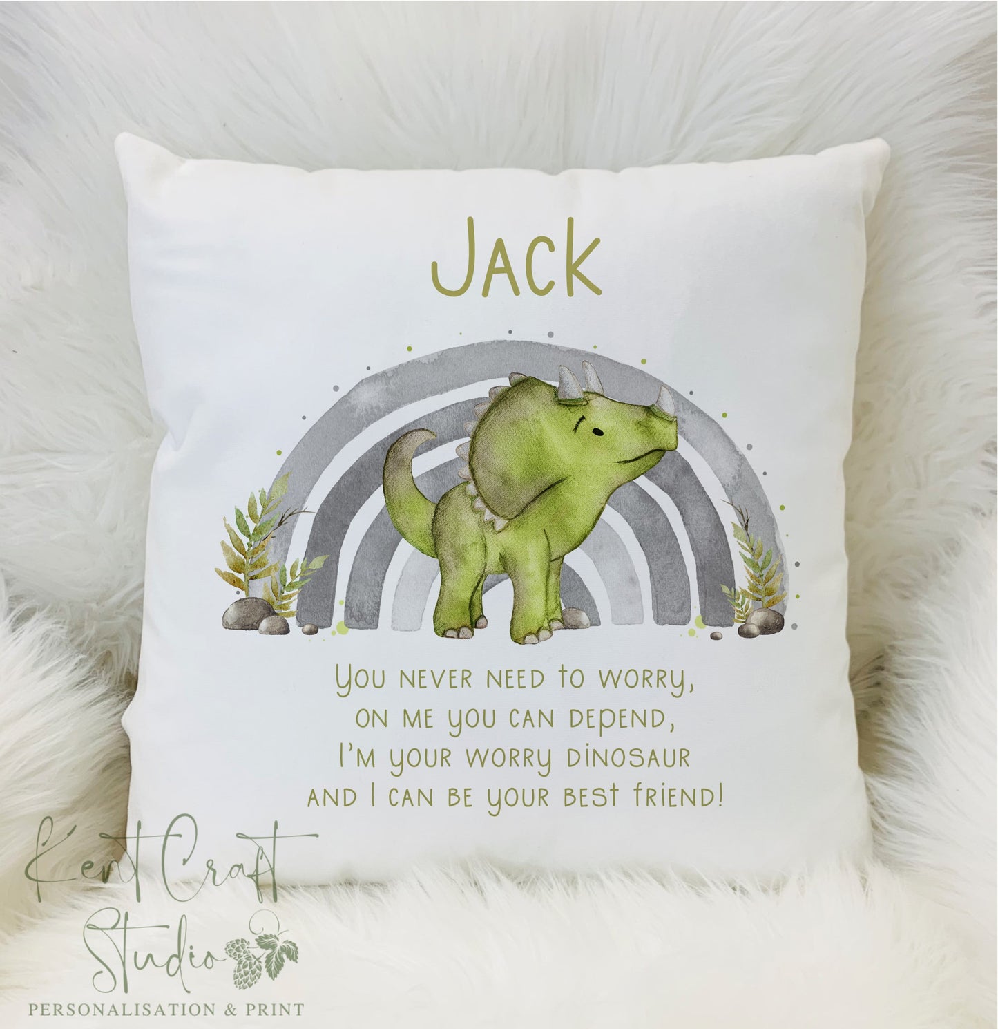 Personalised Dinosaur Rainbow Worry Cushion - Green or Lilac