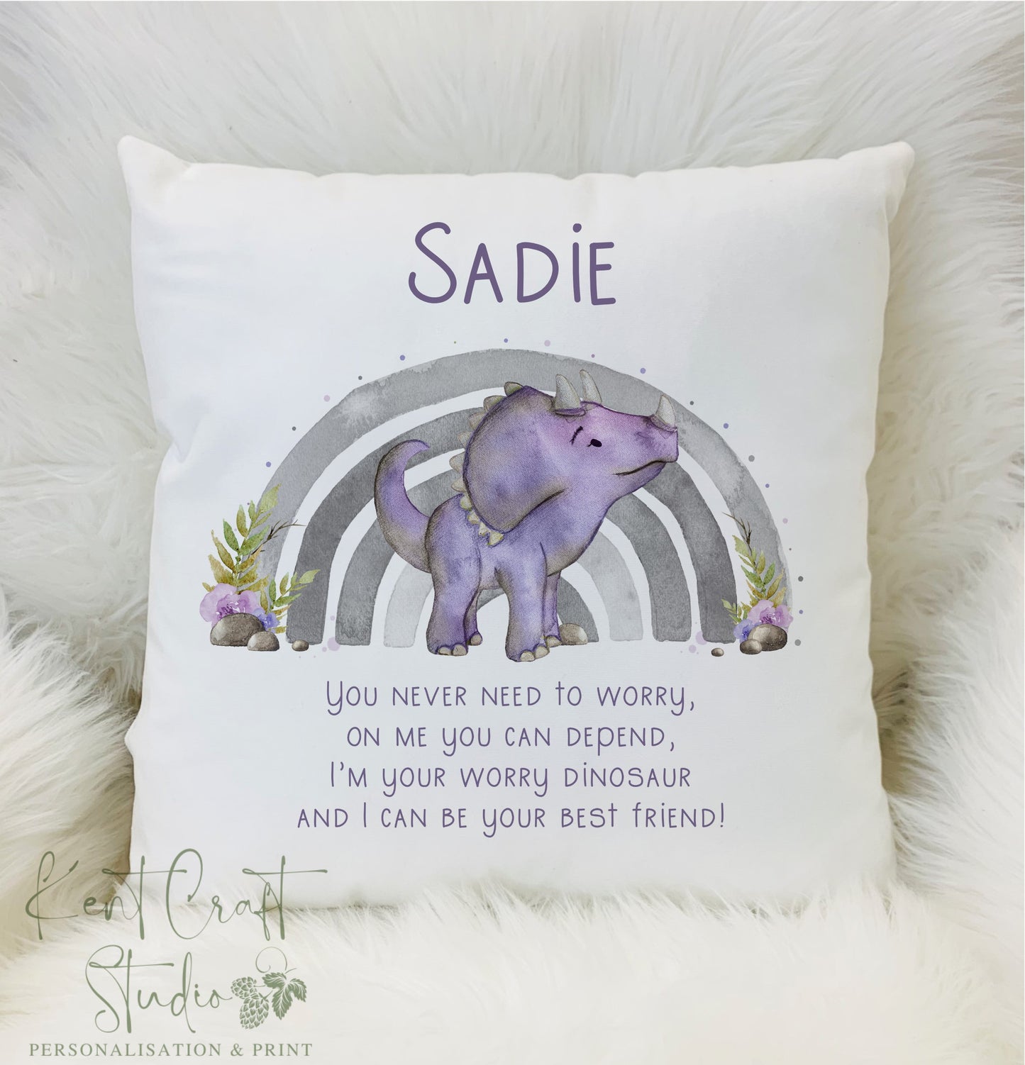 Personalised Dinosaur Rainbow Worry Cushion - Green or Lilac