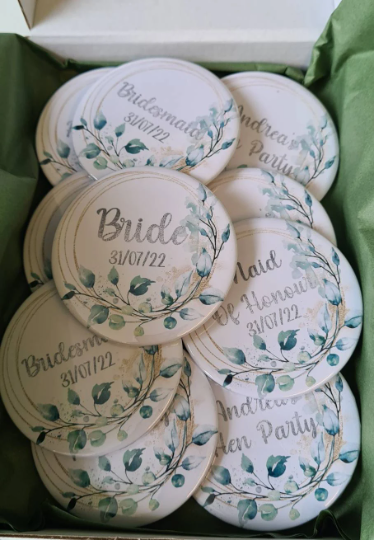 Personalised Bride to be badge, Hen Do party badges, Bridal party gifts, Eucalyptus gold wedding