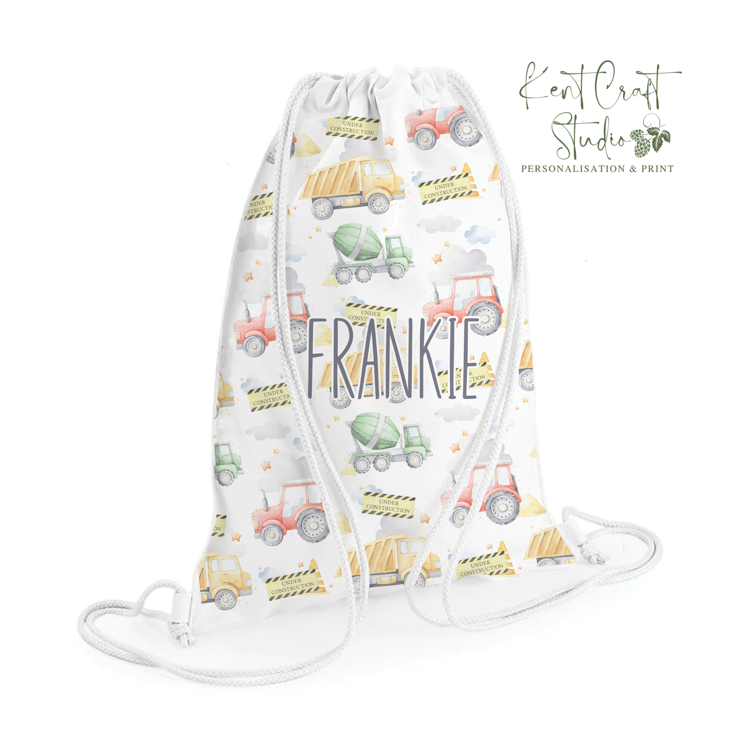 Personalised Construction Tractor Drawstring Gym PE Swim, Storage Bag