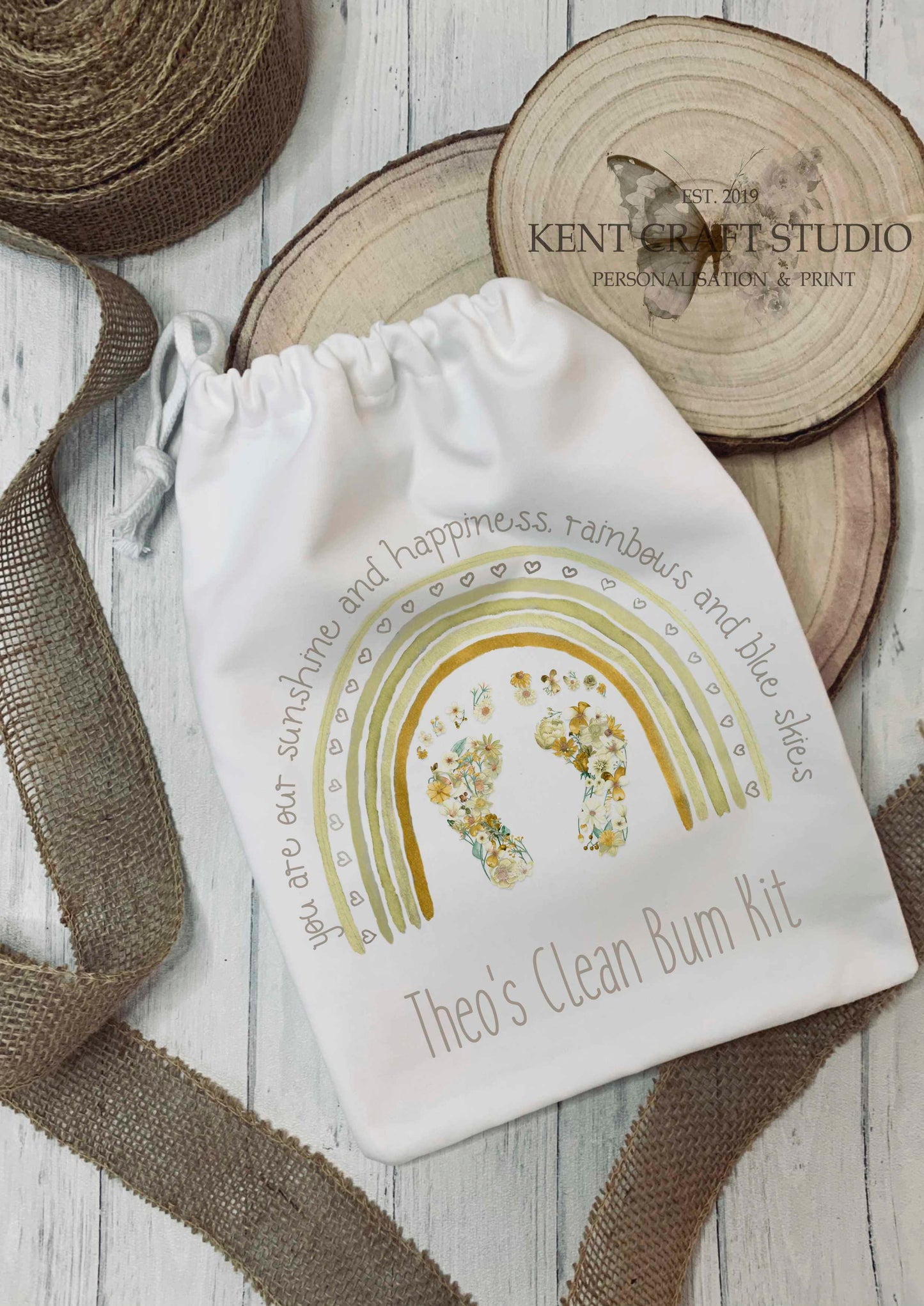 Personalised Baby Changing Bag - Floral Footprint - Clean Bum Kit