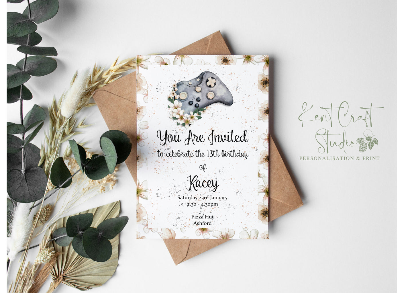 Personalised Gaming Girl Floral Controller Birthday Party Invitations
