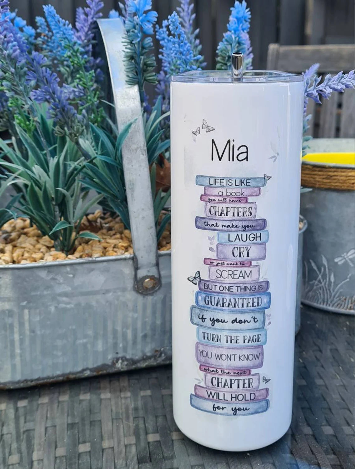 Personalised Book Stack Pastel Butterfly 20oz Skinny Insulated Tumbler Gift