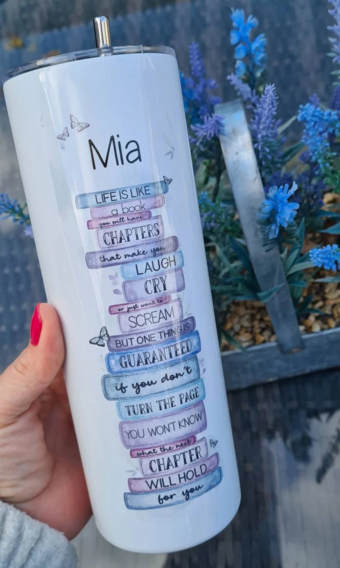Personalised Book Stack Pastel Butterfly 20oz Skinny Insulated Tumbler Gift