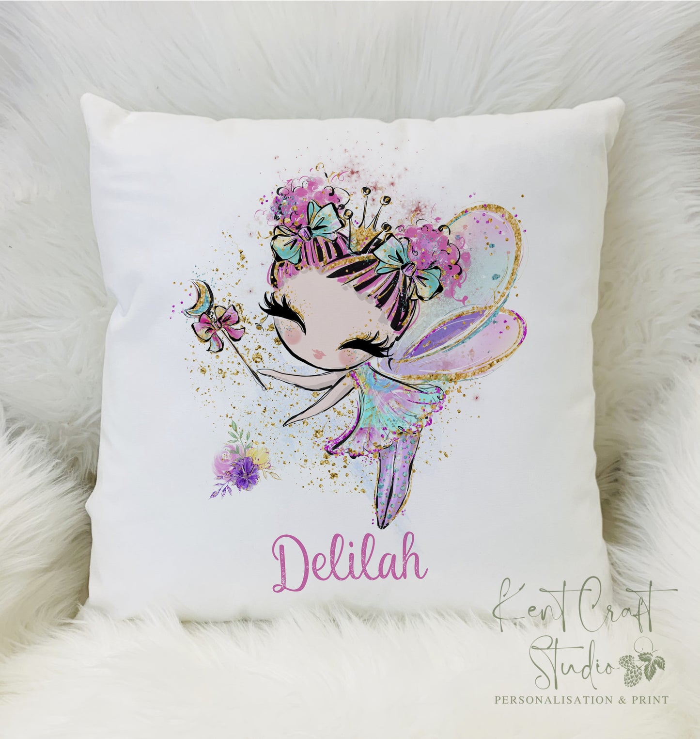 Personalised Pink Hair Fairy Princess Girls Room Cushion