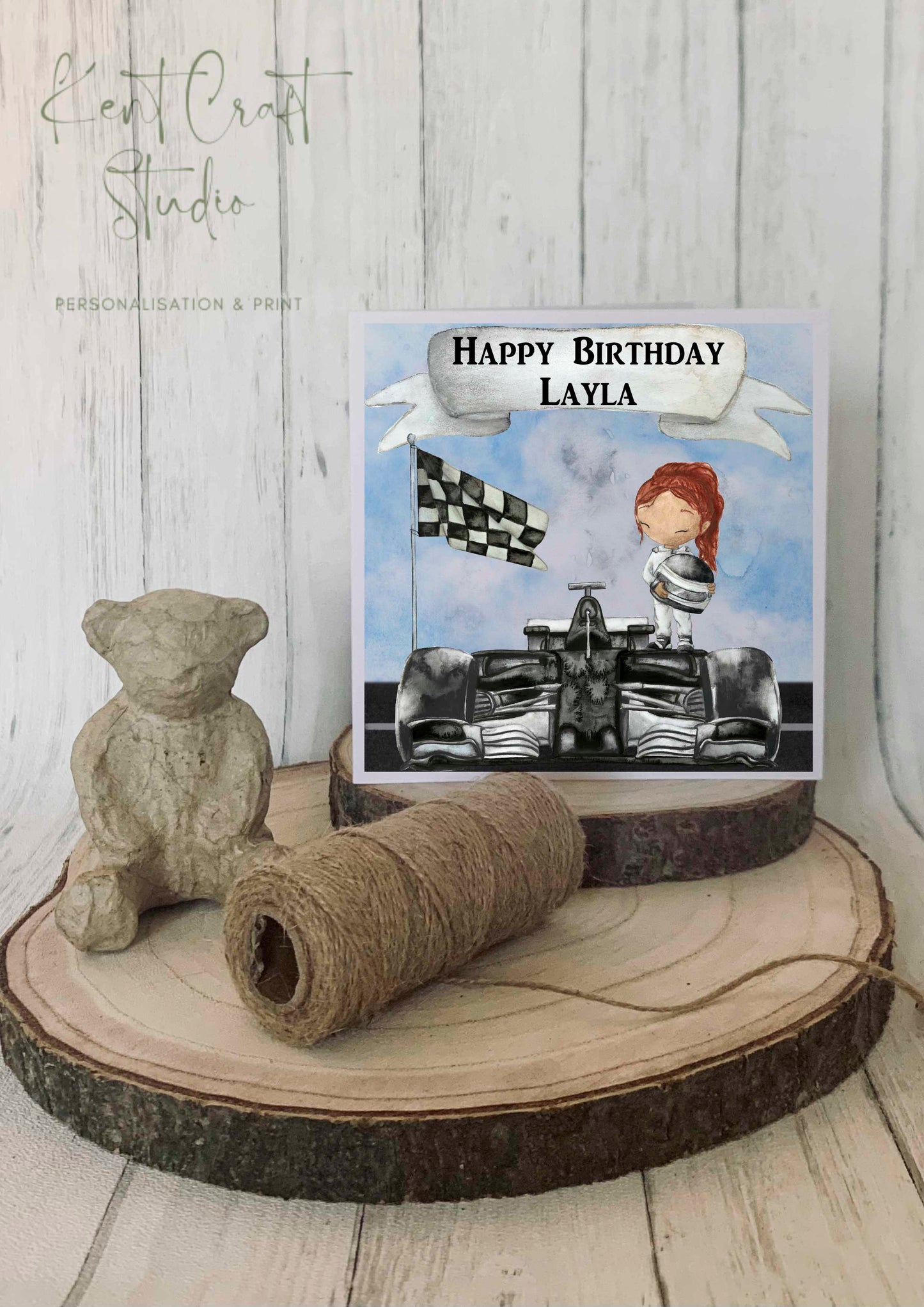 Personalised Racing Car Greetings Card - Race Girl Boy