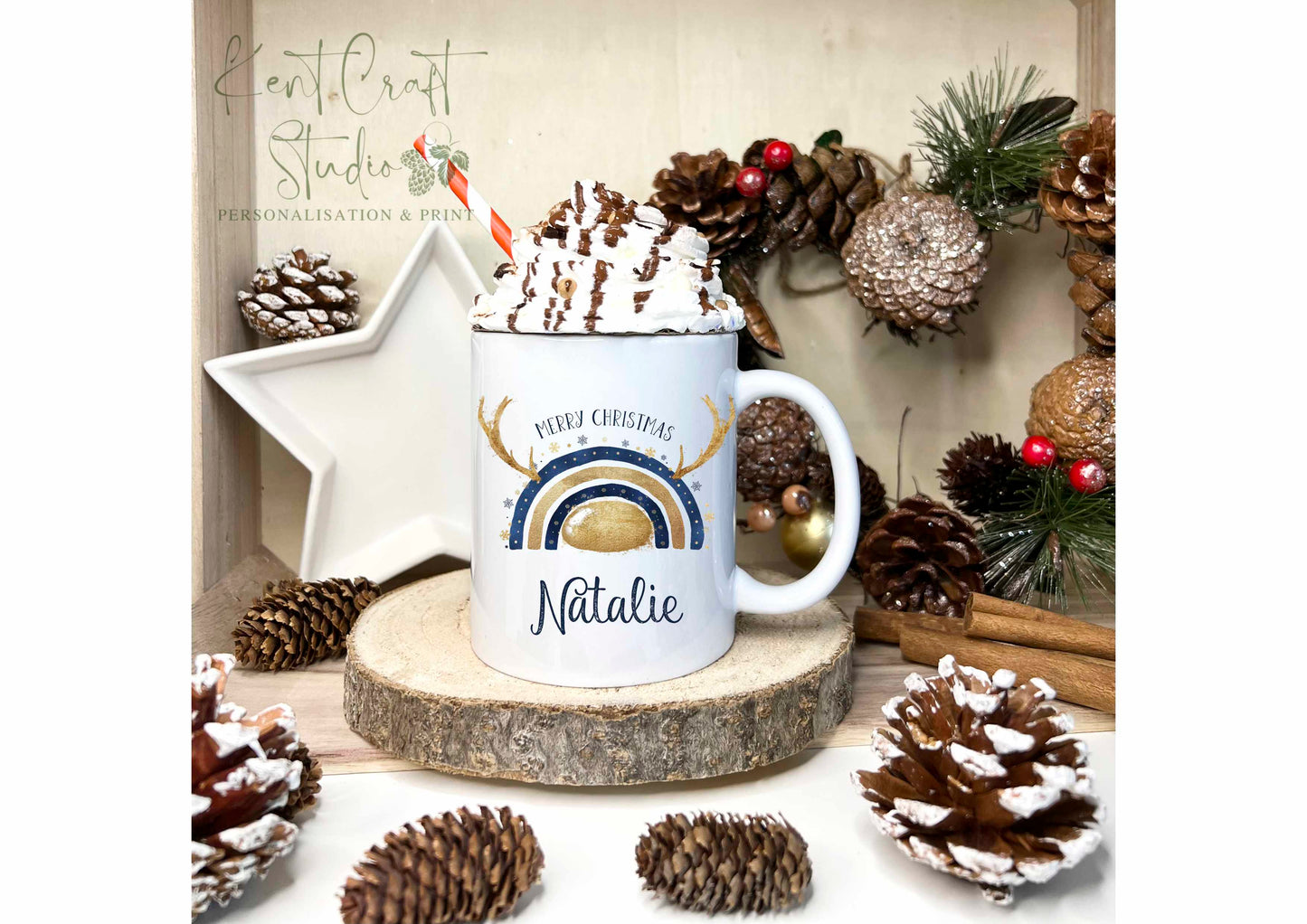 Personalised Reindeer Rainbow Mug - Navy