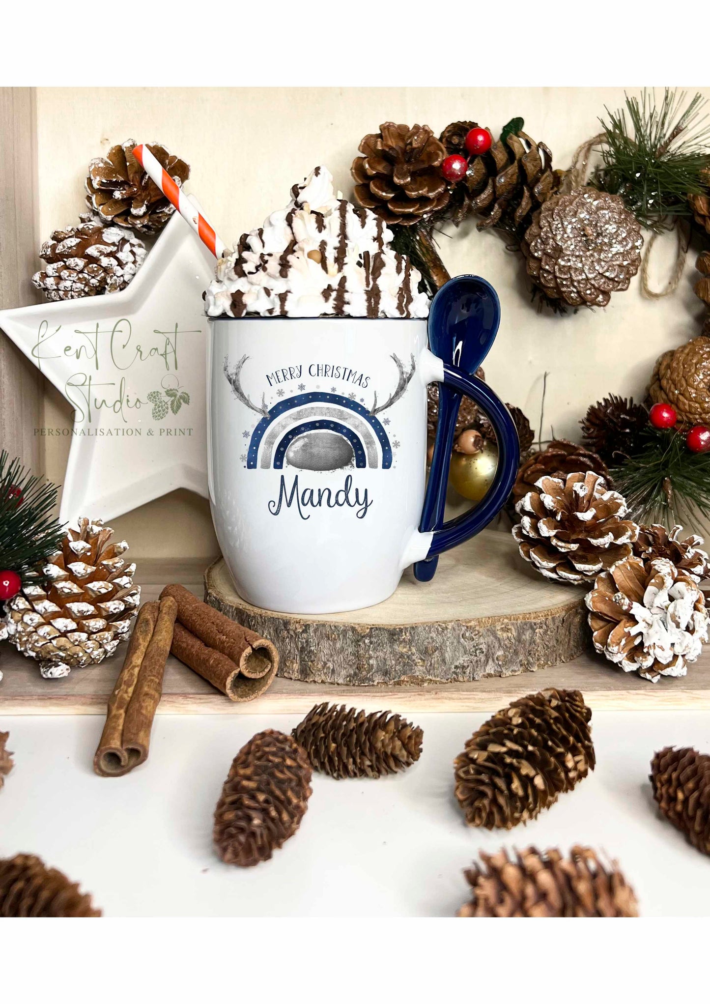 Personalised Christmas Eve Hot Chocolate Navy Spoon Mug - Reindeer Rainbow